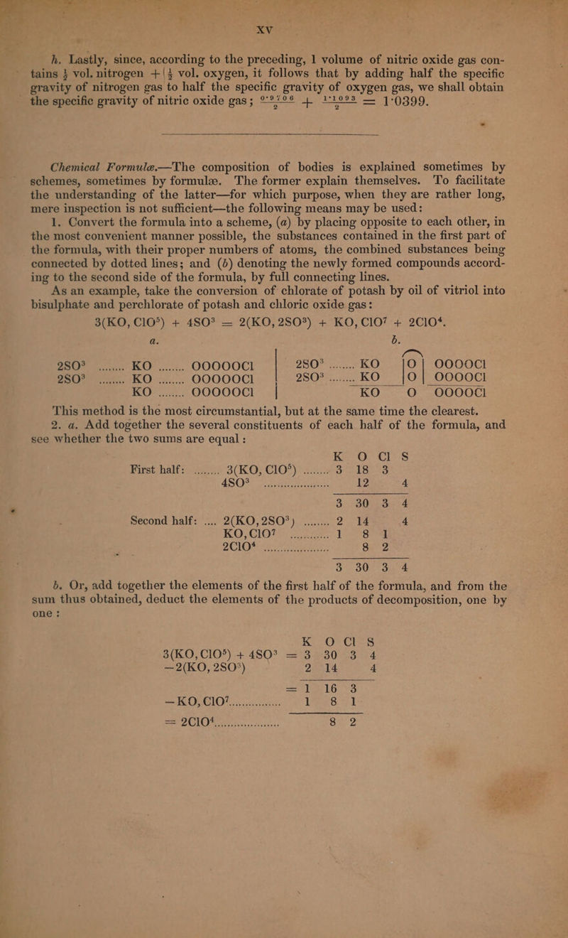 h. Lastly, since, according to the preceding, 1 volume of nitric oxide gas con- tains } vol, nitrogen +/3 vol. oxygen, it follows that by adding half the specific gravity of nitrogen gas to half the specific gravity of oxygen gas, we shall obtain _ the specific gravity of nitric oxide gas; °°/°% 4 11098 — 1-0399, Chemical Formule.—The composition of bodies is explained sometimes by schemes, sometimes by formule. The former explain themselves. To facilitate the understanding of the latter—for which purpose, when they are rather long, mere inspection is not sufficient—the following means may be used: 1. Convert the formula into a scheme, (a) by placing opposite to each other, in the most convenient manner possible, the substances contained in the first part of the formula, with their proper numbers of atoms, the combined substances being connected by dotted lines; and (5) denoting the newly formed compounds accord- ing to the second side of the formula, by full connecting lines. As an example, take the conversion of chlorate of potash by oil of vitriol into bisulphate and perchlorate of potash and chloric oxide gas: 3(KO, ClO*) + 480% = 2(KO, 280%) + KO, C107 + 2C10+. a. b. tank Be yes FeO ee. OOOOOCI DSO cs. KO O | OOOOC!I ac} 0 bd Rae ae ) 3 a es oooooci: |! 280%........ KO | O| OOOOCI to @ Naat ae OOOOOC! | KO O OOOOCl This method is the most circumstantial, but at the same time the clearest. 2. a. Add together the several constituents of each half of the formula, and see whether the two sums are equal : K OCIS Pitst hall cs: S(KOP CIO?) Hain 3.18 3 AS OES RP ri tt 12 3 30 3 4 Second half: .... 2(KO,2SO°) ........ ye | 4 KO;CIO?® cater. | eet ae POTOR Gem 8 2 3 30 3 4 5. Or, add together the elements of the first half of the formula, and from the sum thus obtained, deduct the elements of the products of decomposition, one by one : Kis OC Cres 3(KO, C10) + 4803 = 3 30 3 4 —2(KO, 280°) 2 14 4 =1 16 3 Poe OR EIO Nau Sine, [east