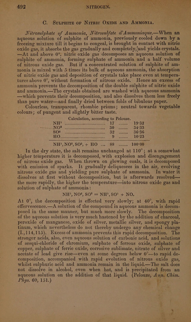 CG. Svuxupnite or Nitric OxtipE AND AMMONIA. Nitrosulphate of Ammonia, Nitrosulfate d Ammoniaque-—When an aqueous solution of sulphite of ammonia, previously cooled down by a freezing mixture till it begins to congeal, is brought in contact with nitric oxide gas, it absorbs the gas gradually and completely,’and yields crystals. —At and above 0°, nitric oxide gas decomposes an aqueous solution of sulphite of ammonia, forming sulphate of ammonia and a half volume of nitrous oxide gas. But if a concentrated solution of sulphite of am- monia is mixed with 5 times its bulk of aqueous ammonia, the absorption ‘of nitric oxide gas and deposition of crystals take place even at tempera- tures above 0°, without formation of nitrous oxide. Hence an excess of ammonia prevents the decomposition of the double sulphite of nitric oxide and ammonia.—The crystals obtained are washed with aqueous ammonia —which prevents their decomposition, and also dissolves them less freely than pure water—and finally dried between folds of bibulous paper. Colourless, transparent, rhombic prisms; neutral towards vegetable colours; of pungent and slightly bitter taste. Calculation, according to Pelouze. iat SEG cee Wal Vapor 19°32 INS este Gas ke BOs’ 34°33 Le ae ERE ee ee RO ial 36°36 MOM i kei ee teas, A Si 10°23 NH?, NO2,SO2,+ HO ... 88 wu. 100:00 In the dry state, the salt remains unchanged at 110°; at a somewhat higher temperature it is decomposed, with explosion and disengagement of nitrous oxide gas. When thrown on glowing coals, it is decomposed with emission of sparks. It gradually deliquesces in the air, evolving nitrous oxide gas and yielding pure sulphate of ammonia. In water it dissolves at first without decomposition, but is afterwards resolved— the more rapidly, the higher the temperature—into nitrous oxide gas and solution of sulphate of ammonia: | NH?, NO?, SO? = NH°, SO? + NO. . At 0°, the decomposition is effected very slowly; at 40°, with rapid effervyescence.—A solution of the compound in aqueous ammonia is decom- posed in the same manner, but much more slowly. The decomposition of the aqueous solution is very much hastened by the addition of charcoal, peroxide of manganese, oxide of silver, metallic silver, and spongy pla- tinnm, which nevertheless do not thereby undergo any chemical change (1.,114,115). Excess of ammonia prevents this rapid decomposition. The stronger acids, also, even aqueous solution of carbonic acid, and solutions of sesqui-chloride of chromium, sulphate of ferrous oxide, sulphate of copper, sulphate of ferric oxide, corrosive sublimate, nitrate of silver and acetate of lead give rise—even at some degrees below 0°—to rapid de- composition, accompanied with rapid evolution of nitrous oxide gas, whilst sulphuric acid and ammonia remain in the liquid.—The salt does not dissolve in alcohol, even when hot, and is precipitated from an aqueous solution on the addition of that liquid. (Pelouze, Ann. Chim. Phys. 60, 151.) 7 =