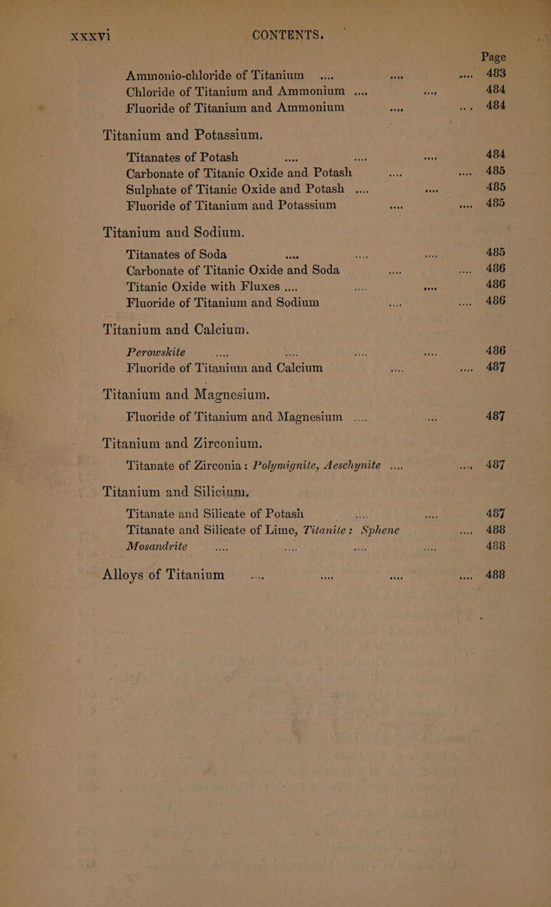 XXXVi_. . CONTENTS. ~ Ammonio-chloride of Titanium Chloride of Titanium and Ammonium ..., Fluoride of Titanium and Ammonium Pes Titanium and Potassium. Titanates of Potash ‘a Carbonate of Titanic Oxide aa Po Fluoride of Titanium and Potassium Titanium and Sodium. Titanates of Soda a Carbonate of Titanic Oxide and Soda Fluoride of Titanium and Sodium Titanium and Calcium. Perowskite SN Fluoride of Titanium and Calenen Titanium and Magnesium. Fluoride of Titanium and Magnesium Titanium and Zirconium. Titanate of Zirconia: Polymignite, Aeschynite .... Titanium and Silicium, Titanate and Silicate of Potash Fis Titanate and Silicate of Lime, Titanite: Sphene Mosandrite Alloys of Titanium
