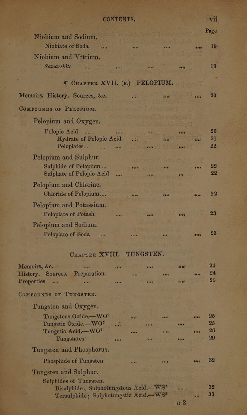 Niobium and Sodium, 7 Niobiate of Soda. + Ws. Reed Niobium and Yttrium. Samarskite Oe teh oe Na Se ghee viet wits «| Carter XVII. (8.) PELOPIUM. Memoirs. History. Sources, Xc. aki bi Pelopium and Oxygen. Pelopic Acid pve eee j ooow Hydrate of Pelopic Aeid sok sees Pelopiates.... ar ‘eose ays oan : ever Pelopium and Sulphur. Sulphide of Pelopium.... er ee Sulphate of Pelopic Acid .... ads ors Pelopium and Chlorine. Chloride of Pelopium.... iste vas Pelopium and Potassium. Pelopiate of Potash ist esas tts Pelopium and Sodium. - Pelopiate of Soda... al a Cuarter XVIII. TUNGSTEN. Memoirs, &amp;c. « adie ids éaet se09 History. Sources, Preparation. pe anes Properties _.... ase rane see ae Compounpbs oF TUNGSTEN. Tungsten and Oxygen. Tungstous Oxide.——W 0? dea aves - Tungstic Oxide—WO* 8 sai aes Tungstic Acid.—WO* and ‘ies Tungstates ’ see died oes Tungsten and Phosphorus. Phosphide of Tungsten Si avis Tungsten and Sulphur. Sulphides of Tungsten. Bisulphide ; Sulphotungstotis Acid WS’ Tersulphide ; Sulphotungstie Acid —WS* ee a 2 e309 Stee sive 20 20 21 22 22 22 23 23 24 24 25 25 25 26 29 32 32 33
