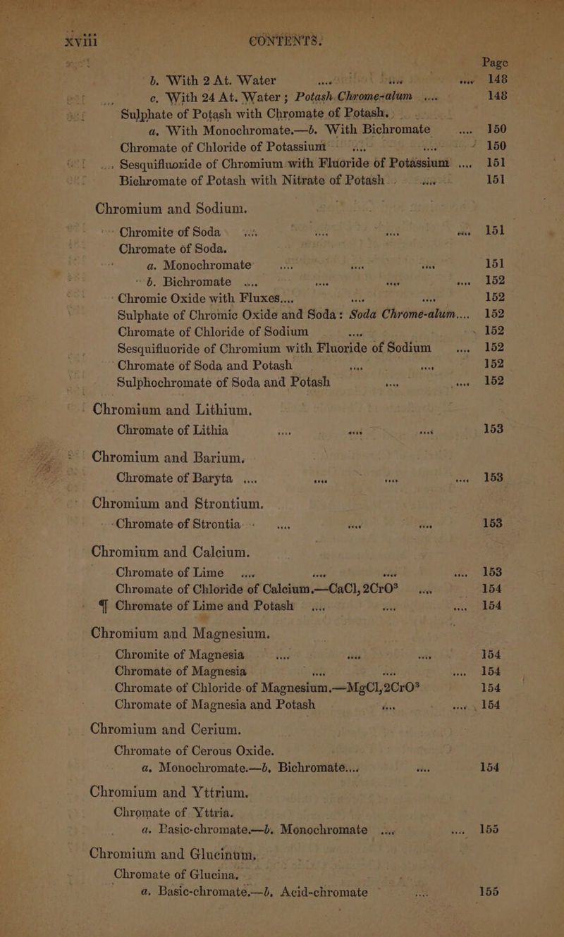 oer ee PENRO Ca Nohigt ic Aelia, PMP ype oy Sa Re in oa CONTENTS. | sen . Page b. With 2 At. Water Leta Bes ear ade Yt ce. With 24 At. Water ; Potash. Gineaisethiats side 148 ae of Potash with Chromate of Potash... _ . With Monochromate.—d. With Bichromate wv. 150 es of Chloride of Potassium’. «..~ -.4 150 . Sesquifluoride of Chromium ‘with Fluoride of Potdssiual Peay Bichromate of Potash with Nitrate of Potash = 4... 151 Chromium and Sodium. » Chromite of Soda... feGnyiece shir ght aby Chromate of Soda. Se . a. Monochromate’ | 151 8. Bichromate .... te aed (Pipie 9. - Chromic Oxide with Fluxes... 152 Sulphate of Chromic Oxide ahd Soda: Soda Chrimeatihn 152 Chromate of Chloride of Sodium ai, ». 162 Sesquifluoride of Chromium with Fluoride of Sodium ..... 152 ‘Chromate of Soda and Potash sng oe a «152 Sulphochromate of Soda and Potash mathe cad jae . Chronifka and Lithium. . Chromate of Lithia ae eee nd | its Poe ~ + Chromium and Barium. Gi: aa Chromate of Baryta .... ans cig wee 158 Chromium and Strontium. -Chromate of Strontia.-» —..... dese ees 153 Chromium and Calcium. | Chromate of Lime _.... me hs Chromate of Chloride of Calcium —CaCl, 2Cr0? aan +154 4 Chromate of Lime and Potash _.... wat. es Chromium and Magnesium. } | : Chromite of Magnesia tet idea We oN 154 Chromate of Magnesia we =154 -Chromate of Chloride. of Magnesium. —MgOl, 2Cr0! 154 Chromate of Magnesia and Potash hss ae, , 154 Chromium and Cerium. Chromate of Cerous Oxide. a. Monochromate.—d, Bichromate.... Be 154 Chromium and Yttrium. ; Chromate ef Yttria. , a. Basic-chromate—b. Monochromate .... ges BS Chromium and Glucinum, Chromate of Glucina. a. Basic-chromate.—b, Acid-chromate ~ ae 155