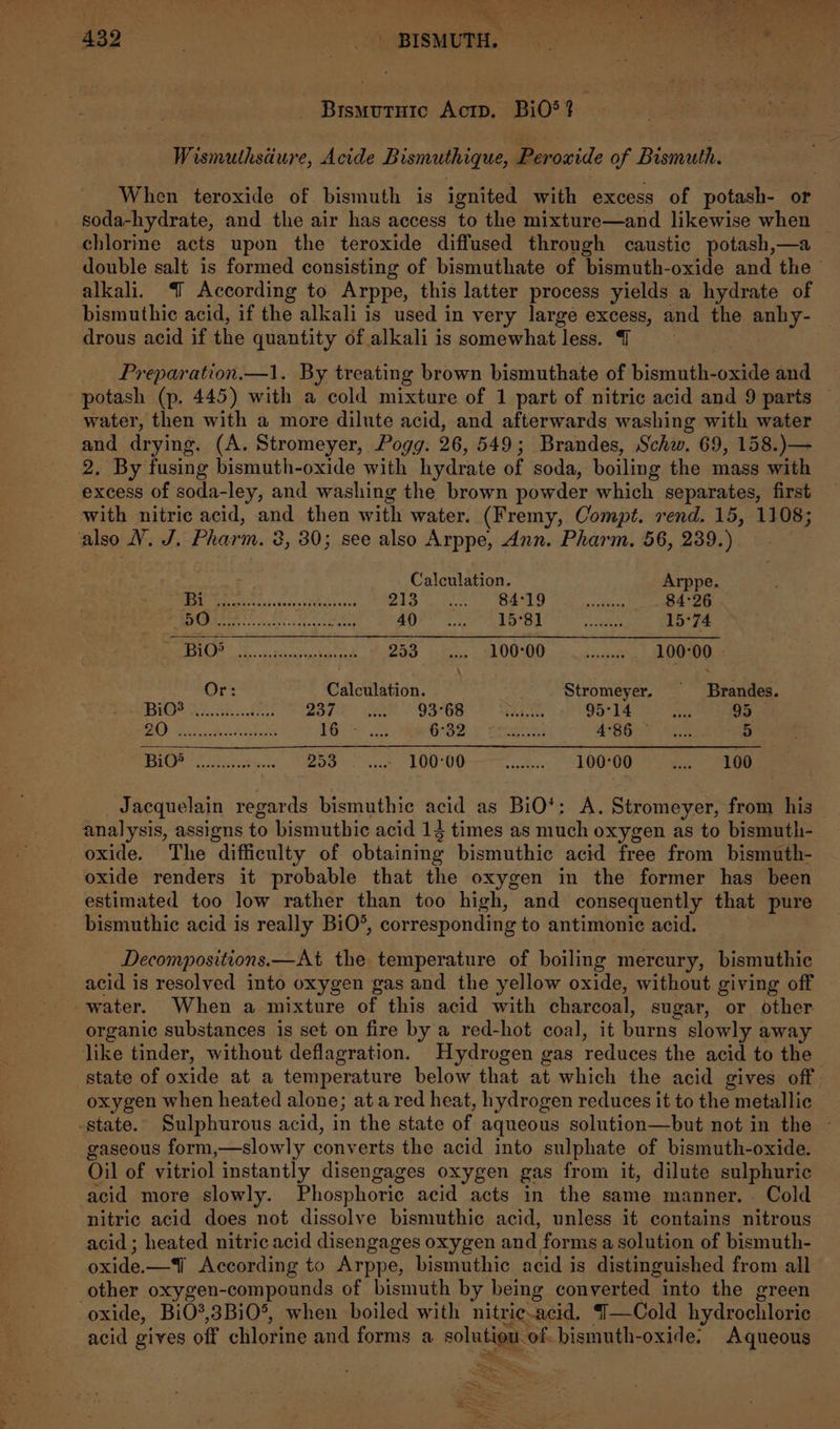 ARG ae &gt; ee st, aad ene a. NR Se Rae tie a = al Ng et ‘ ‘ 7 Sh aw + AAS PE re. - Brsmuruic Actp. Bi0®? es Wismuthsiure, Acide Bismuthique, Peroxide of Bismuth. When teroxide of bismuth is ignited with excess of potash- or soda-hydrate, and the air has access to the mixture—and likewise when chlorine acts upon the teroxide diffused through caustic potash,—a double salt is formed consisting of bismuthate of bismuth-oxide and the alkali. | According to Arppe, this latter process yields a hydrate of bismuthie acid, if the alkali is used in very large excess, and the anhy- drous acid if the quantity of alkali is somewhat less. | Preparation.—1. By treating brown bismuthate of bismuth-oxide and potash (p. 445) with a cold mixture of 1 part of nitric acid and 9 parts — water, then with a more dilute acid, and afterwards washing with water and drying. (A. Stromeyer, Pogg. 26, 549; Brandes, Schw. 69, 158.)— 2. By fusing bismuth-oxide with hydrate of soda, boiling the mass with excess of soda-ley, and washing the brown powder which separates, first with nitric acid, and then with water. (Fremy, Compt. rend. 15, 1108; also V. J. Pharm. 3, 30; see also Arppe, dnn. Pharm. 56, 239.) Calculation. Arppe. REN SR sive anmcs'n Savkabesives 78 RIM DE, 3. gk Bena a 84°26 BT eee Be Phe eget’ Dla hepy hace 15°74 | 1) (8am) SE Pe ero 3 253 LOGY: Fah vaca 100°00 Or: Calculation. Stromeyer. Brandes. Bi)? Biehl Boge A 95GB BES 95°14 3a 95 Nee Seas PGS G02 &lt; tres aE 5 | US ane Beka anes BIO. Nya LOMO Trt ts ain, 100°00 c2. oe _Jacquelain regards bismuthic acid as BiO*: A. Stromeyer, from his analysis, assigns to bismuthic acid 13 times as much oxygen as to bismuth- oxide. The difficulty of obtaining bismuthic acid free from bismuth- oxide renders it probable that the oxygen in the former has been estimated too low rather than too high, and consequently that pure bismuthic acid is really BiO*, corresponding to antimonie acid. Decompositions.— At the temperature of boiling mercury, bismuthic acid is resolyed into oxygen gas and the yellow oxide, without giving off water. When a mixture of this acid with charcoal, sugar, or other organic substances is set on fire by a red-hot coal, it burns slowly away like tinder, without deflagration. Hydrogen gas reduces the acid to the state of oxide at a temperature below that at which the acid gives off, oxygen when heated alone; at a red heat, hydrogen reduces it to the metallic -state. Sulphurous acid, in the state of aqueous solution—but not in the - gaseous form,—slowly converts the acid into sulphate of bismuth-oxide. Oil of vitriol instantly disengages oxygen gas from it, dilute sulphuric acid more slowly. Phosphoric acid acts in the same manner. Cold nitric acid does not dissolve bismuthic acid, unless it contains nitrous acid ; heated nitric acid disengages oxygen and forms a solution of bismuth- oxide.—%i According to Arppe, bismuthic acid is distinguished from all - other oxygen-compounds of bismuth by being converted into the green oxide, BiOQ?,3Bi0*, when boiled with nitric.acid. —{—Cold hydrochloric acid gives off chlorine and forms a solution of. bismuth-oxide. Aqueous SS .