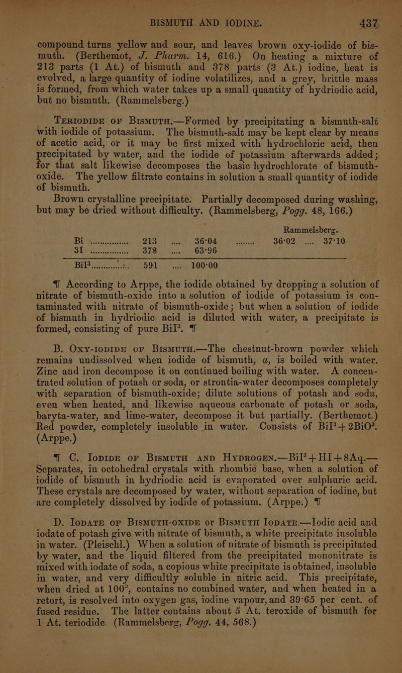 compound turns yellow and sour, and leaves brown oxy-iodide of bis- muth. (Berthemot, J. Pharm. 14, 616.) On heating a mixture of 213 parts (1 At.) of bismuth and 378 parts (2 At.) iodine, heat is evolved, a large quantity of iodine volatilizes, and a grey, brittle mass is formed, from which water takes up a small quantity of hydriodic acid, but no bismuth. (Rammelsberg.) . __ TertiopipeE or Bismuts.—Formed by precipitating a bismuth-salt with iodide of potassium. The bismutl-salt may be kept clear by means of acetic acid, or it may be first mixed with hydrochloric acid, then precipitated by water, and the iodide of potassium afterwards added ; for that salt likewise decomposes the basic hydrochlorate of bismuth- oxide. The yellow filtrate contains in solution a small quantity of iodide of bismuth, EB Brown crystalline precipitate: Partially decomposed during washing, but may be dried without difficulty. (Rammelsberg, Pogg. 48, 166.) Rammelsberg. Bob iteieangeaciecs Sieur) “ean” a theeee oth seceange 36°02. ....; 32°18 OEY Realy 378 63°96 Bile igoih..8 wey £591. Leo 200°00 | According to Arppe, the iodide obtained by dropping a solution of nitrate of bismuth-oxide into a solution of iodide of potassium is con- taminated with nitrate of bismuth-oxide; but when a solution of iodide of bismuth in hydriodic acid is diluted with water, a precipitate is formed, consisting of pure Bil’. 7 B. Oxy-topipE or Bismutu.—The chestnut-brown powder which remains undissolved when iodide of bismuth, @, is boiled with water. Zine and iron decompose it on continued boiling with water. A concen- trated solution of potash or soda, or strontia-water decomposes completely with separation of bismuth-oxide; dilute solutions of potash and soda, even when heated, and likewise aqueous carbonate of potash or soda, baryta-water, and lime-water, decompose it but partially. (Berthemot.) Red powder, completely insoluble in water. Consists of Bil*+2Bi0* (Arppe.) 7 C.. Iopipe or Bismuth ann Hyprogren.—Bil’ + HI+8Aq.— Separates, in octohedral crystals with rhombic base, when a solution of iodide of bismuth in hydriodic acid is evaporated over sulphuric acid. — These crystals are decomposed by water, without separation of iodine, but are completely dissolved by iodide of potassium. (Arppe.) 7 D. IopatEe oF BismMuTH-oOXIDE or BismutH Iopatr.—lodic acid and iodate of potash give with nitrate of bismuth, a white precipitate insoluble in water. (Pleischl.) When a solution of nitrate of bismuth is precipitated by water, and the liquid filtered from the precipitated mononitrate is mixed with iodate of soda, a copious white precipitate is obtained, insoluble in water, and very difficultly soluble in nitric acid. This precipitate, when dried at 100°, contains no combined water, and when heated in a retort, is resolved into oxygen gas, iodine vapour, and 39°65 per cent. of fused residue. The latter contains about 5 At. teroxide of bismuth for 1 At. teriodide. (Rammelsberg, Pogg. 44, 568.)