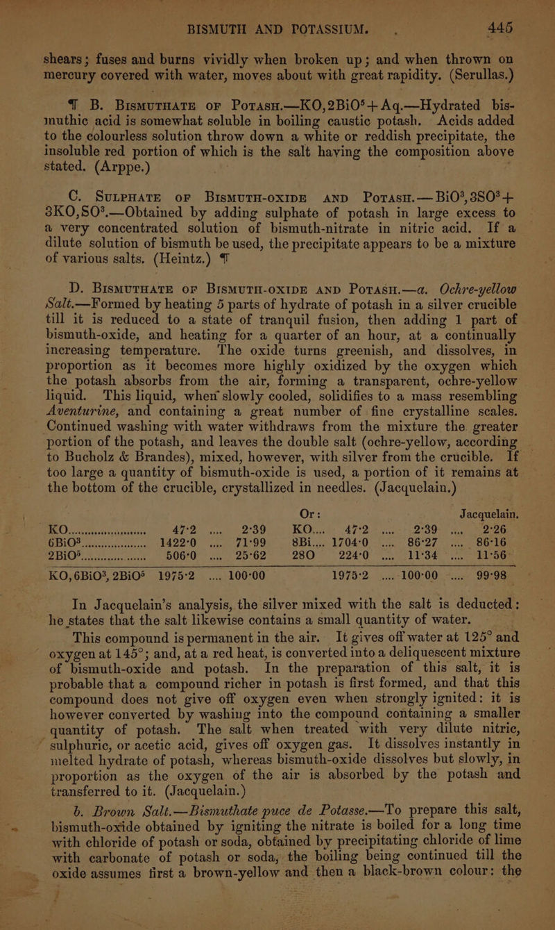 shears ; fuses and burns vividly when broken up; and when thrown on mercury covered with water, moves about with great rapidity. (Serullas.) 7 3B. BisMuTHATE oF Potasu.—KO,2Bi0®-+ Aq.—Hydrated bis- muthic acid is somewhat soluble in boiling caustic potash. Acids added to the colourless solution throw down a white or reddish precipitate, the insoluble red portion of which is the salt haying the composition above stated. (Arppe.) 2 _C. SurpHate or BismutH-ox1pE AnD Potasu.— Bi0*,880*+ 3K0O,S0*.—Obtained by adding sulphate of potash in large excess to a very concentrated solution of bismuth-nitrate in nitric acid. If a dilute solution of bismuth be used, the precipitate appears to be a mixture of various salts. (Heintz.) 7 | D, BisMUTHATE oF BISMUTH-OXIDE AND Potasu.—a. Ochre-yellow Salt.—Formed by heating 5 parts of hydrate of potash in a silver crucible till it is reduced to a state of tranquil fusion, then adding 1 part of bismuth-oxide, and heating for a quarter of an hour, at a continually increasing temperature. ‘The oxide turns greenish, and dissolves, in proportion as it becomes more highly oxidized by the oxygen which the potash absorbs from the air, forming a transparent, ochre-yellow liquid. This liquid, when slowly cooled, solidifies to a mass resembling Aventurine, and containing a great number of fine crystalline scales. _ Continued washing with water withdraws from the mixture the greater portion of the potash, and leaves the double salt (ochre-yellow, according to Bucholz &amp; Brandes), mixed, however, with silver from the crucible. If — too large a quantity of bismuth-oxide is used, a portion of it remains at — the bottom of the crucible, crystallized in needles. (Jacquelain.) Ors J acquelain. | QE, Saat ene 49-9 5, = 2°39 KO: 47D van 2°89 “eee BCE pen fk el 14220 34... 799 8Bi.... 1704°0 .... 86°27 .... 86°16 a BIO 2 Bae 506°0 .... 25°62 280 «= -224°0 6. 11°34 * 2 1 KO, 6Bi0%, 2BiO® 1975:2. .... 100-00 1975°2 _....100-00 ..,.. 99:984 In Jacquelain’s analysis, the silver mixed with the salt is deducted: he states that the salt likewise contains a small quantity of water. | This compound is permanent in the air. It gives off water at 125° and oxygen at 145°; and, at a red heat, is converted into a deliquescent mixture of bismuth-oxide and potash. In the preparation of this salt, it is probable that a compound richer in potash is first formed, and that this compound does not give off oxygen even when strongly ignited: it is however converted by washing into the compound containing a smaller quantity of potash. The salt when treated with very dilute nitric, ~ sulphuric, or acetic acid, gives off oxygen gas. It dissolves instantly in melted hydrate of potash, whereas bismuth-oxide dissolves but slowly, in proportion as the oxygen of the air is absorbed by the potash and transferred to it. (Jacquelain.) b. Brown Salt.—Bismuthate puce de Potasse.—To prepare this salt, bismuth-oxide obtained by igniting the nitrate is boiled for a long time with chloride of potash or soda, obtained by precipitating chloride of lime with carbonate of potash or soda, the boiling being continued till the oxide assumes first a brown-yellow and then a black-brown colour: the Z