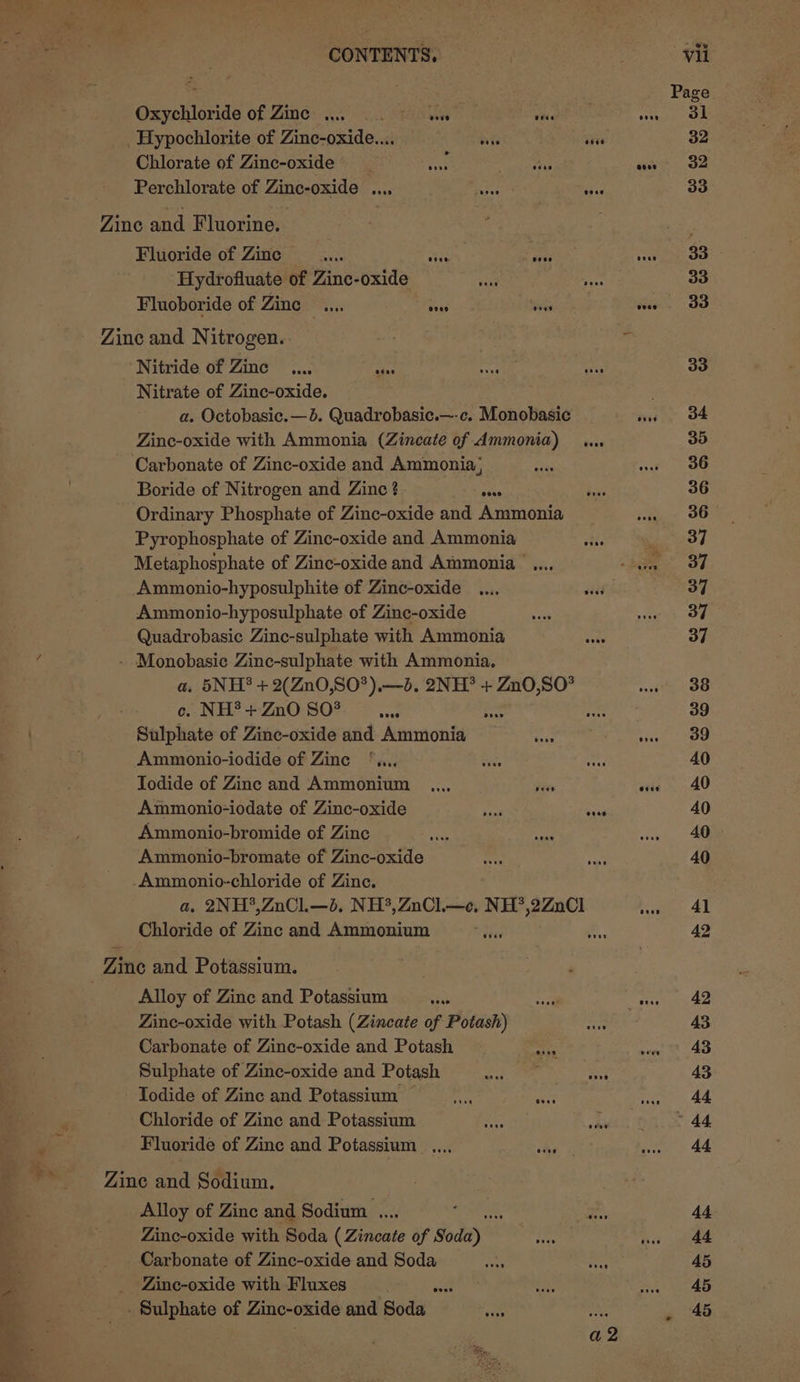 a. Octobasic.—%. Quadrobasic.—-c. Monobasic Zinc-oxide with Ammonia (Zincate of Ammonia) ... Carbonate of Zinc-oxide and Ammonia Pyrophosphate of Zinc-oxide and Ammonia othe Metaphosphate of Zinc-oxide and Ammonia. ,.., Ammonio-hyposulphite of Zinc-oxide Quadrobasic Zine-sulphate with Ammonia cute a, 5NH® + 2(Zn0,SO*),—3, 2NH? + Zn0,SO* ce. NH? + ZnO SO? wee ray Sulphate of Zinc-oxide and Ammonia tesa Iodide of Zinc and Ammonium... fees Ammonio-iodate of Zinc-oxide hee ae Ammonio-bromide of Zinc Ammonio-chloride of Zine. a, 2NH*,ZnCL—b. NH?°,ZnCl.—e, NH*,2ZnCl Chloride of Zinc and Ammonium Alloy of Zinc and Potassium Zinc-oxide with Potash (Zincate of Potash) Carbonate of Zinc-oxide and Potash Sulphate of Zinc-oxide and Potash Todide of Zinc and Potassium Pats Pn Chloride of Zine and Potassium Fluoride of Zinc and Potassium _..., Alloy of Zinc and Sodium .... ; Zinc-oxide with Soda ( Zincate of Soday Carbonate of Zinc-oxide and Soda Zinc-oxide with Fluxes wit a2