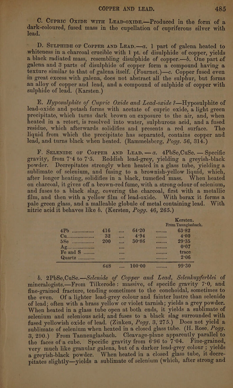 C. Cupric Oxipe witn LEAp-oxipr.—Produced in the form of a &lt; eameanne fused mass in the cupellation of cupriferous silver with ead. D. SuLPHIDE or Copper AND Leap.—a. 1 part of galena heated to whiteness in a charcoal crucible with 1 pt. of disulphide of copper, yields a black radiated mass, resembling disulphide of copper.—d. One part of galena and 3 parts of disulphide of copper form a compound having a texture similar to that of galena itself. (Fournet.)—c. Copper fused even m great excess with galena, does not abstract all the sulphur, but forms an alloy of copper and lead, and a compound of sulphide of copper with sulphide of lead. (Karsten.) ? K. Ayposulphite of Cupric Oxide and Lead-oxide ?—Hyposulphite of lead-oxide and potash forms with acetate of cupric oxide, a light green precipitate, which turns dark brown on exposure to the air, and, when heated in a retort, is resolved into water, sulphurous acid, and a fused residue, which afterwards solidifies and presents a red surface. The liquid from which the precipitate has separated, contains copper and lead, and turns black when heated. (Rammelsberg, Pogg. 56, 314.) F. SELENIDE oF CoppER AND LEAD.—a. 4PbSe,CuSe. — Specific gravity, from 7°4 to 7°5. Reddish lead-grey, yielding a greyish-black powder. Decrepitates strongly when heated in a glass tube, yielding a sublimate of selenium, and fusing to a brownish-yellow liquid, which, after longer heating, solidifies in a black, tumefied mass. When heated on charcoal, it gives off a brown-red fume, with a strong odour of selenium, and fuses to a black slag, covering the charcoal, first with a metallic film, and then with a yellow film of lead-oxide. With borax it forms a pale green glass, and a malleable globule of metal containing lead. With nitric acid it behaves like 6. (Kersten, Pogg. 46, 265.) Kersten. From Tannglasbach., Pit 2 Ee LO de Ae ree OM OU hg ness, 63°82 Ceo eeteeives ee La eat e Ad Tee Pie eae oo 4°00 | BSG. focai0s Caie scenes SO eee OU GOs vay meets 29°35 A en ak ae str ae ee Cocanaee 0°07 GATS Oes i cstte ae, CL Raae ot De kites Ss Tae eaakad trace Quartz voi..cks. ih mee Se Tn ae 2°06 GLOF te LUO OO ee ices as 99°30 b. 2PbSe,CuSe.—Selenide of Copper and Lead, Selenkupferbler of mineralogists.—From Tilkerode: massive, of specific gravity 7:0, and fine-grained fracture, tending sometimes to the conchoidal, sometimes to the even. Of a lighter lead-grey colour and fainter lustre than selenide of lead; often with a brass yellow or violet tarnish; yields a grey powder. When heated in a glass tube open at both ends, it yields a sublimate of selenium and selenious acid, and fuses to a black slag surrounded with fused yellowish oxide of lead. (Zinken, Pogg. 3, 275.) Does not yield a sublimate of selenium when heated in a closed glass tube. (H. Rose, Pogg. 3, 290.) From Tannenglasbach. Cleavage-plane apparently parallel to the faces ofa cube. Specific gravity from 6:96 to 7:04. Fine-grained, very much like granular galena, but of a darker lead-grey colour ; yields a greyish-black powder. When heated in a closed glass tube, 1t decre- pitates slightly—yields a sublimate of selenium (which, after strong and