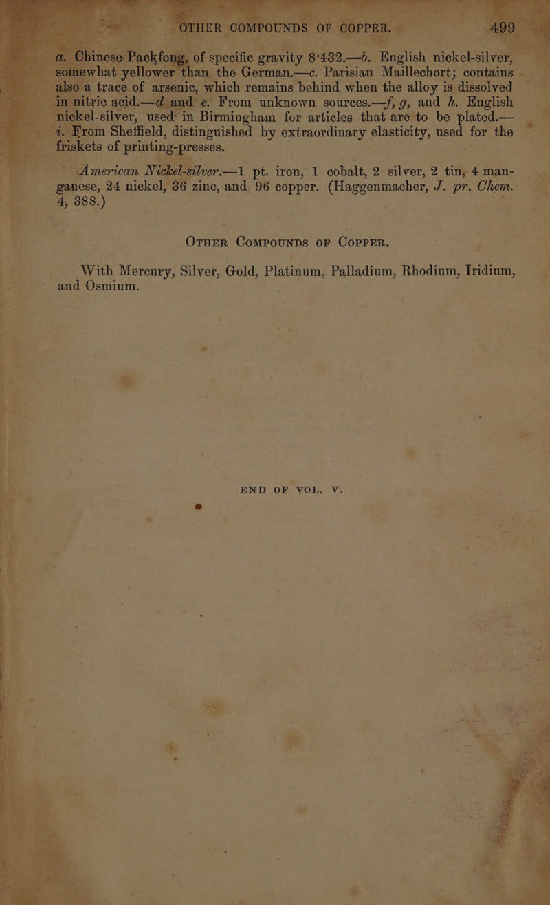 hich Pomaiietiohiil when the alloy is From unknown sources.—f, g, and he lver, u in Birmingham for articles that are to be plated.— rom Sheffield, distinguished by extraordinary ee used for the | Se skets of printing-presses American Ni ‘ekel-si ‘ver.—1 pt. iron,’ 1 cobalt: 2 aves 2 title man- - ganese, 24 nickel, 8 36 nee andy 96 eee, (Haggenmacher, J. pr. Chem. 4, 388.) - OTHER Comenenes OF CoprEr. Pete eae ve “With Me sept ds Gold, Platinum, Palladium, Rhodium, Iridium, eae Osmium. END OF yOL. V. —