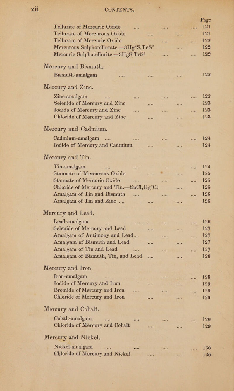 Tellurite of Mercuric Oxide Tellurate of Mercurous Oxide Tellurate of Mercuric Oxide Mercurous Sulphotellurate-—3Hg’S,T eS’ Mercuric Sulphotellurite—3HgS,TeS? Mercury and Bismuth. Bismuth-amalgam Mercury and Zine. Zinc-amalgam Selenide of Mercury ad Zine Iodide of Mercury and Zinc Chloride of Mercury and Zinc Mercury and Cadmium. Cadmium-amalgam et Todide of Mercury and Cedmien! Mercury and Tin. Tin-amalgam Stannate of es Oxide Stannate of Mercuric Oxide Amalgam of Tin and Bismuth Amalgam of Tin and Zinc .... Mercury and Lead. Lead-amalgam a Selenide of Mercury ond Lead Amalgam of Antimony and Lead.... Amalgam of Bismuth and Lead Amalgam of Tin and Lead Amalgam of Bismuth, Tin, and Lead Mercury and Iron. Tron-amalgam bee Todide of Mercury and icon Bromide of Mercury and Iron Chloride of Mercury and Iron Mercury and Cobalt. Cobalt-amalgam ae ae Chloride of Mercury and Cobalt Mercury and Nickel. Nickel-amalgam bea Chloride of Mercury and Nickel Page 121 121 122 122 122 122 122 123 123 123 124 124 124 125 125 125 126 126 126 127. 127 127 127 128 126 129 129 129 129 129 130 130
