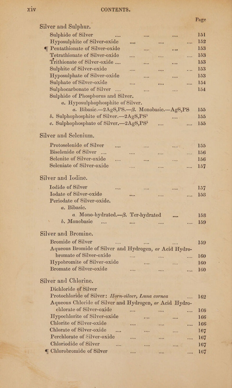 Silver and Sulphur. Sulphide of Silver i: Hyposulphite of Silvendnies @ Pentathionate of Silver-oxide Tetrathionate of Silver-oxide Trithionate of Silver-oxide .... Sulphite of Silver-oxide Hyposulphate of Silver-oxide Sulphate of Silver-oxide Sulphocarbonate of Silver .... Sulphide of Phosphorus and Silver. a. Hyposulphophosphite of Silver. a. Bibasic.—2Ag8,PS.—. Monobasic.—Ag8S,PS 6. Sulphophosphite of Silver.—2AgS,PS° c. Sulphophosphate of Silver.—2Ag8,PS° Silver and Selenium. Protoselenide of Silver Biselenide of Silver . Selenite of Silver-oxide Seleniate of Silver-oxide Silver and Iodine. Todide of Silver we Todate of Silver.-oxide es: Periodate of Silver-oxide, a. Bibasie. a. Mono-hydrated.—f. eer \ 6. Monobasic a : Silver and Bromine. Bromide of Silver Aqueous Bromide of Silvan aud Tipdopen, or Acta ‘dro: bromate of Silver-oxide = ee Hypobromite of Silver-oxide Bromate of Silver-oxide Silver and Chlorine. Dichloride of Silver Protochloride of Silver: Horn-silver, Luna cornea Aqueous Chloride of Silver and Hydrogen, or Acid Hy dies chlorate of Silver-oxide = abe ne Hypochlorite of Silver-oxide Chlorite of Silver-oxide Chlorate of Silver-oxide Perchlorate of Silver-oxide Chloriodide of Silver € Chlorobromide of Silver