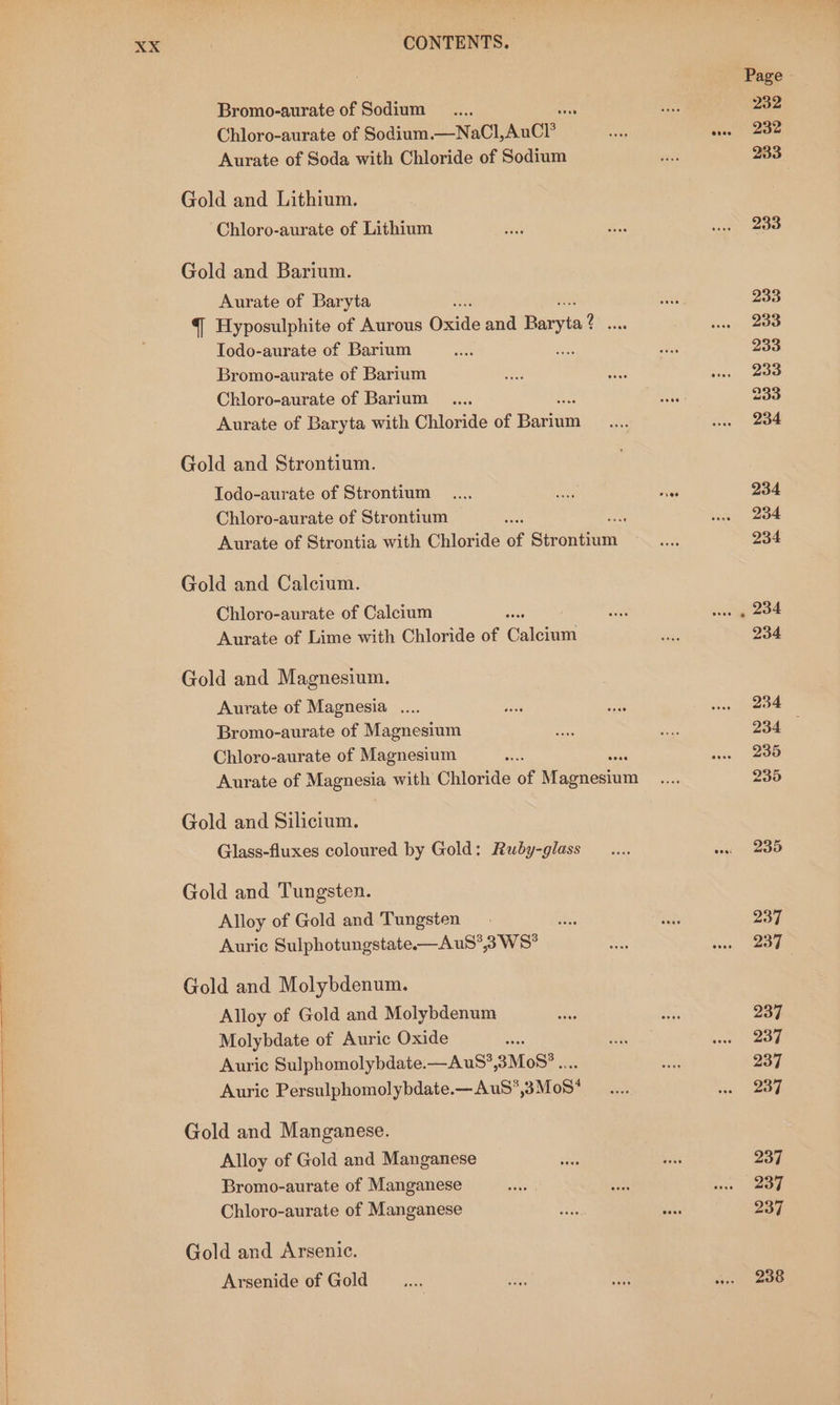 Bromo-aurate of Sodium f 4 Chloro-aurate of Sodium.—Na(Cl, Ancl? Aurate of Soda with Chloride of Sodium Gold and Lithium. Gold and Barium. Aurate of Baryta Todo-aurate of Barium he Bromo-aurate of Barium Chloro-aurate of Barium Aurate of Baryta with Chloride of Bariain Gold and Strontium. Todo-aurate of Strontium Chloro-aurate of Strontium en Aurate of Strontia with Chloride of Sionlian Gold and Calcium. Chloro-aurate of Calcium Aurate of Lime with Chloride of Cie Gold and Magnesium. Aurate of Magnesia ... Bromo-aurate of Magnesium Aurate of ne with Chloride of tienen Gold and Silicium. Glass-fluxes coloured by Gold: Ruby-glass Gold and Tungsten. Alloy of Gold and Tungsten Auric Sulphotungstate-—AuS*,3 WS* Gold and Molybdenum. Alloy of Gold and Molybdenum Molybdate of Auric Oxide Auric Sulphomolybdate.—AuS?,3MoS? .... Auric Persulphomolybdate.—AuS*,3MoS* Gold and Manganese. Alloy of Gold and Manganese Bromo-aurate of Manganese wes Chloro-aurate of Manganese Gold and Arsenic. Arsenide of Gold