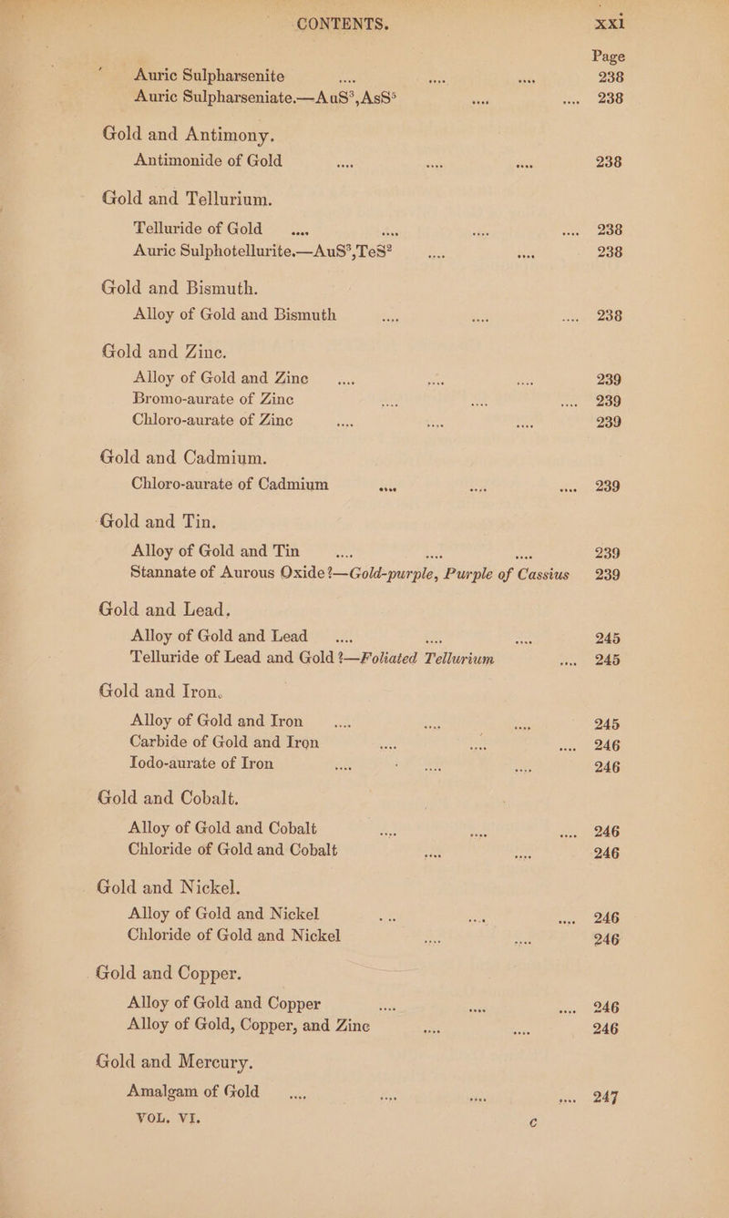 Auric Sulpharsenite ae Auric Sulpharseniate.—AuS°,AsS°* Gold and Antimony. Antimonide of Gold Gold and Tellurium. Telluride of Gold is Auric Sulphotellurite—AuS?,TeS? Gold and Bismuth. Alloy of Gold and Bismuth Gold and Zine. Alloy of Gold and Zine Bromo-aurate of Zine Chloro-aurate of Zine Gold and Cadmium. Chloro-aurate of Cadmium ti ‘Gold and Tin. Alloy of Gold and Tin Stannate of Aurous Oxide ?—Gold-pur ois. Pie of Cassie Gold and Lead. Alloy of Gold and Lead Telluride of Lead and Gold ?—Foliated Tellurium Gold and Iron. Alloy of Gold and Iron Carbide of Gold and Iron Todo-aurate of Iron Gold and Cobalt. Alloy of Gold and Cobalt Chloride of Gold and Cobalt Gold and Nickel. Alloy of Gold and Nickel Chloride of Gold and Nickel _ Gold and Copper. Alloy of Gold and Copper Alloy of Gold, Copper, and Zine Gold and Mercury. Amalgam of Gold VOL. VI. C Page 238 238 238 238 238 238 239 239 239 239 239 239 245 245 245 246 246 246 246 246 246 246 246 247