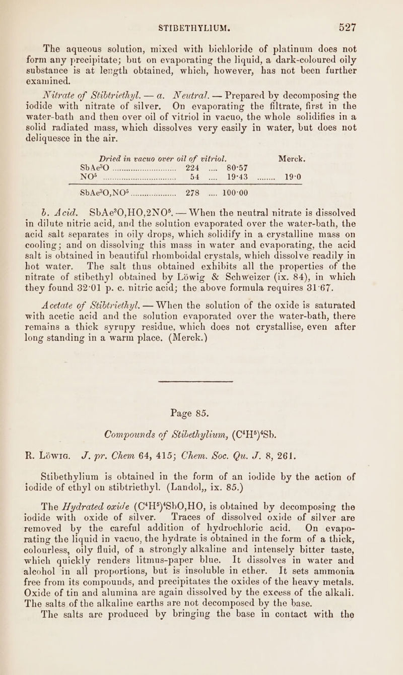 The aqueous solution, mixed with bichloride of platinum does not form any precipitate; but on evaporating the liquid, a dark-coloured oily substance is at length obtained, which, however, has not been further examined. Nitrate of Stibtriethyl. — a. Neutral. — Prepared by decomposing the iodide with nitrate of silver. On evaporating the filtrate, first in the water-bath and then over oil of vitriol in vacuo, the whole solidifies in a solid radiated mass, which dissolves very easily in water, but does not deliquesce in the air. Dried in vacuo over oil of vitriol. Merck. SON O Reasiee ce ae 224753. B0O7 EN OSB Os eR a. 5 hes 54 19.4 aac 19°0 Shae O, NO os: ..d.cakeus. 278 100-00 b. Acid. SbAe®?O,HO,2NO°.— When the neutral nitrate is dissolved in dilute nitric acid, and the solution evaporated over the water-bath, the acid salt separates in oily drops, which solidify in a crystalline mass on cooling; and on dissolving this mass in water and evaporating, the acid salt is obtained in beautiful rhomboidal crystals, which dissolve readily in hot water. The salt thus obtained exhibits all the properties of the nitrate of stibethy] obtained by Lowig &amp; Schweizer (ix. 84), in which they found 32:01 p. ¢. nitric acid; the above formula requires 31°67. Acetate of Stibtriethyl. — When the solution of the oxide is saturated with acetic acid and the solution evaporated over the water-bath, there remains a thick syrupy residue, which does not crystallise, even after long standing in a warm place. (Merck.) Page 85. Compounds of Stibethylium, (C*H5)4Sb. R. Léwie. J. pr. Chem 64, 415; Chem. Soc. Qu. J. 8, 261. Stibethylium is obtained in the form of an iodide by the action of iodide of ethyl on stibtriethyl. (Landol,, ix. 85.) The Hydrated oxide (C*H*)*SbO,HO, is obtained by decomposing the iodide with oxide of silver. Traces of dissolved oxide of silver are removed by the careful addition of hydrochloric acid. On evapo- rating the liquid in vacuo, the hydrate is obtained in the form of a thick, colourless, oily fluid, of a strongly alkaline and intensely bitter taste, which quickly renders litmus-paper blue, It dissolves in water and aleohol in all proportions, but is insoluble in ether. It sets ammonia free from its compounds, and precipitates the oxides of the heavy metals. Oxide of tin and alumina are again dissolved by the excess of the alkali. The salts of the alkaline earths are not decomposed by the base. The salts are produced by bringing the base in contact with the
