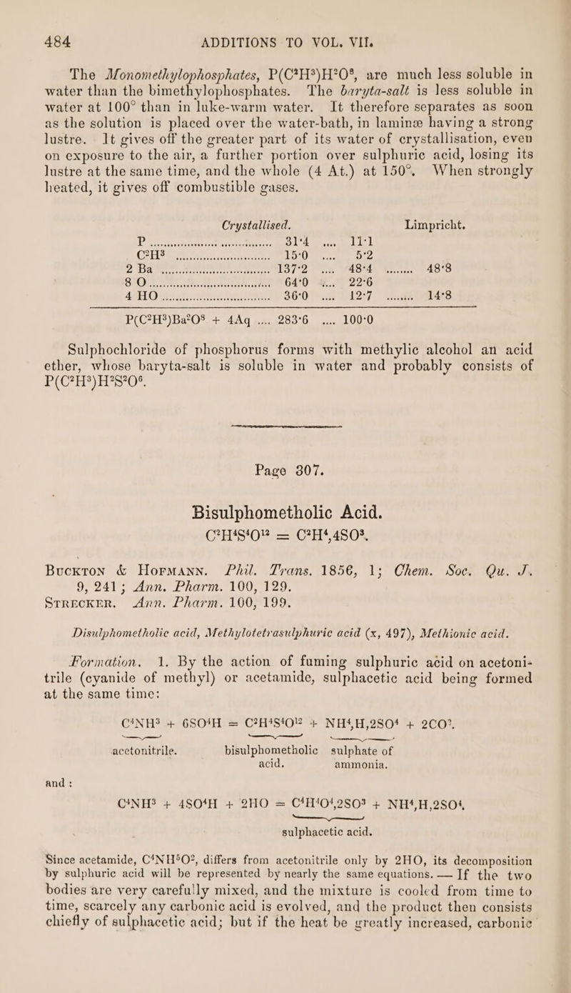 The Monomethylophosphates, P(C?H*)H?0°, are much less soluble in water than the bimethylophosphates. The baryta-salt is less soluble in water at 100° than in luke-warm water. It therefore separates as soon as the solution is placed over the water-bath, in lamine having a strong lustre. It gives off the greater part of its water of crystallisation, even on exposure to the air, a further portion over sulphuric acid, losing its lustre at the same time, and the whole (4 At.) at 150°. When strongly heated, it gives off combustible gases. Crystallised. Limpricht. © oscitaatume ote eee a a9 ie tearing) kal CAS Brean eee sy ee 5'2 2 Dar aoa etver es areas 137°2 ASTAN Megessaes 48°8 SH etn al. ice Meche h celts 64°0 22°6 AMO esi Seat ee 36°0 12:7 mendes 14°8 P(C2H3)Ba208 + 4Aq .... 283°6 .... 100-0 Sulphochloride of phosphorus forms with methylic alcohol an acid ether, whose baryta-salt is soluble in water and probably consists of it (Gd 5 ie hye Oh Page 307. Bisulphometholic Acid. GH‘S‘0}. =.C+H*4,480% Bucxton &amp; Hormann. Phil. Trans. 185€, 1; Chem. Soc. Qu. J. 9, 241; Ann. Pharm. 100,129. StRECKER. Ann. Pharm. 100, 199. Disulphometholie acid, Methylotetrasulphuric acid (x, 497), Methionic acid. Formation. 1. By the action of fuming sulphuric acid on acetoni- trile (cyanide of methyl) or acetamide, sulphacetic acid being formed at the same time: C{NH? + 6SO4H = C?H1S4‘O8 + NH4H,28S04 + 2CO0%. —_——— Sa aT —_—_—_—_—’ acetonitrile. bisulphometholic sulphate of acid. ammonia. and : C*NH3 + 4SO4H + 2HO = C*tH‘04,2S03 + NH*,H,2SO04, —_-— sulphacetic acid. Since acetamide, C4NH°O?, differs from acetonitrile only by 2HO, its decomposition by sulphuric acid will be represented by nearly the same equations. —If the two bodies are very carefully mixed, and the mixture is cooled from time to time, scarcely any carbonic acid is evolved, and the product then consists chiefly of sulphacetic acid; but if the heat be greatly increased, carbonic