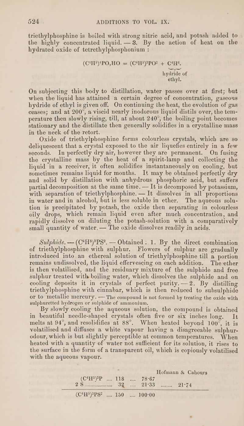 triethylphosphine is boiled with strong nitric acid, and potash added to the highly concentrated liquid. — 8. By the action of heat on the hydrated oxide of tetrethylphosphonium : (C!H5)!PO,HO = (C4H*)8PO? + CHS. QS’ hydride of ethyl. On subjecting this body to distillation, water passes over at first; but when the liquid has attained a certain degree of concentration, gaseous hydride of ethyl is given off. On continuing the heat, the evolution of gas ceases; and at 200°, a viscid nearly inodorous liquid distils over, the tem- perature then slowly rising, till, at about 240°, the boiling point becomes stationary and the distillate then generally solidifies in a crystalline mass in the neck of the retort. Oxide of triethylphosphine forms colourless crystals, which are so deliquescent that a crystal exposed to the air liquefies entirely in a few seconds. In perfectly dry air, however they are permanent. On fusing the crystalline mass by the heat of a spirit-lamp and collecting the liquid in a receiver, it often solidifies instantaneously on cooling, but sometimes remains liquid for months. I+ may be obtained perfectly dry and solid by distillation with anhydrous phosphoric acid, but suffers partial decomposition at the same time, — It is decomposed by potassium, with separation of triethylphosphine. — It dissolves in all proportions in water and in alcohol, but is less soluble in ether. The aqueous solu- tion is precipitated by potash, the oxide then separating in colourless oily drops, which remain liquid even after much concentration, and rapidly dissolve on diluting the potash-solution with a comparatively small quantity of water. — The oxide dissolves readily in acids. Sulphide. — (C*H®)?PS*. — Obtained: 1. By the direct combination of triethylphosphine with sulphur. Flowers of sulphur are gradually introduced into.an ethereal solution of triethylphosphine till a portion remains undissolved, the liquid effervescing on each addition. The ether is then volatilised, and the residuary mixture of the sulphide and free sulphur treated with boiling water, which dissolves the sulphide and on cooling deposits it in crystals of perfect purity.—2. By distilling triethylphosphine with cinnabar, which is then reduced to subsulphide or to metallic mercury. -—— The compound is not formed by treating the oxide with sulphuretted hydrogen or sulphide of ammonium, By slowly cooling the aqueous solution, the compound is obtained in beautiful needle-shaped crystals often five or six inches long. It melts at 94°, and resolidifies at 88°. When heated beyond 100°, it is volatilised and diffuses a white vapour having a disagreeable sulphur- odour, which is but slightly perceptible at common temperatures. When heated with a quantity of water not sufficient for its solution, it rises to the surface in the form of a transparent oil, which is copiously volatilised with the aqueous vapour. Hofmann &amp; Cahours GRA od Pet We Septet Soe gad SD irucstrtarstuetie Sy i let! Nags fs pela pit 21°74 (C4H5)3PS? .... 150... 100-00