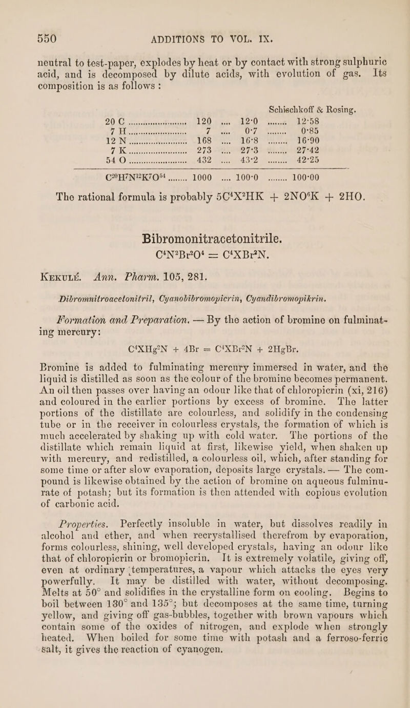 neutral to test-paper, explodes by heat or by contact with strong sulphuric acid, and is decomposed by dilute acids, with evolution of gas. Its composition is as follows : Schischkoff &amp; Rosing. 20 GF is onsau Mactan’ 120 65 A am 12°58 Y fs CEB erase 7 te a CR 0°85 cee Smee pre mercer or 168 1g ealeery eee. 16°90 TPR aepeicegeniahotioees 273 OFS) My 27°42 BAD er aivcobleasensaeien’ 432 A322 wean 42°25 CAR INURIO™ ........ O00 Fras LOW pe cacares 100°00 The rational formula is probably 5C‘X’?HK + 2NO°%K + 2HO. Bibromonitracetonitrile. C!N°?Br’0! = C!XBr'N, Kexuur. Ann. Pharm. 105, 281. Dibromnitroacetonitril, Cyanobibromopicrin, Cyandibromopikrin. Formation and Preparation. — By the action of bromine on fulminat- ing mercury: C*XHg?N + 4Br = C*XBr°N + 2HgBr. Bromine is added to fulminating mercury immersed in water, and the liquid is distilled as soon as the colour of the bromine becomes permanent. An oilthen passes over having an odour like that of chloropicrin (xi, 216) and coloured in the earlier portions by excess of bromine. The latter portions of the distillate are colourless, and solidify in the condensing tube or in the receiver in colourless crystals, the formation of which is much accelerated by shaking up with cold water. The portions of the distillate which remain liquid at first, likewise yield, when shaken up with mercury, and redistilled, a colourless oil, which, after standing for some time or after slow evaporation, deposits large crystals. — The com- pound is likewise obtained by the action of bromine on aqueous fulminu- rate of potash; but its formation is then attended with copious evolution of carbonic acid. Properties. Perfectly insoluble in water, but dissolves readily in alcohol and ether, and when recrystallised therefrom by evaporation, forms colourless, shining, well developed crystals, having an odour like that of chloropicrin or bromopicrin, It is extremely volatile, giving off, even at ordinary \temperatures, a vapour which attacks the eyes very powerfully. It may be distilled with water, without decomposing. Melts at 50° and solidifies in the crystalline form on cooling. Begins to boil between 130° and 135°; but decomposes at the same time, turning yellow, and giving off gas-bubbles, together with brown vapours which contain some of the oxides of nitrogen, and explode when strongly heated. When boiled for some time with potash and a ferroso-ferri¢ salt, it gives the reaction of cyanogen.