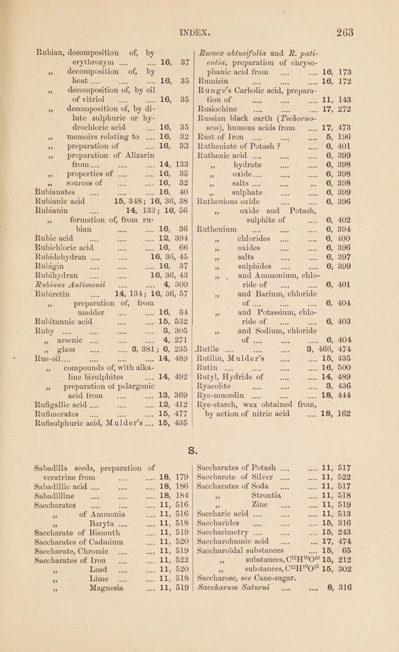 a” ae age INDEX. Rubian, decomposition of, by Rumex obtusifolia and R. pati- erythrozym .... aml Owes fi entia, preparation of chryso- », decomposition of, by phanic acid from LO; heat . Be . 16, 35 | Rumicin waLG: decomposition of, by oil Runge’s Carbolic acid, prepara- of vitriol LG. tion of &lt;a wee LL A decomposition of, by ae Rusiochine ate bo aR lute sulphuric or hy- Russian black earth Coker no- drochloric acid 16; 35 sem), humous acids from alee = memoirs relating to 16, 32 | Rust of Iron _...; e. 5, yp preparation of ... 16, 33 | Rutheniate of Potash 2 GC: » preparation of Alizarin Ruthenic acid ..., 6, from.... we 14, 133 ig. hydrate 6, &gt;» properties of .. 16, 35 A oxide..., 6, sources of 16, 32 .; salts .... 6, Prabinnhtou 16, 40 As sulphate 6, Rubianic acid 15 348 ; tic 36, 38 | Ruthenious oxide aa. 0, Rubianin 14, 133; 16, 56 s oxide and “Potash, A formation of, from ru- sulphite of 6, bian Bae ... 16, 36 | Ruthenium wats 6, Rubie acid i ess .. 12, 394 F chlorides 6, Rubichlorie acid ae eg ANSE. Care As oxides 6, Rubidehydran .... 16, 36, 45 ne salts 6, Rubigin woth be weriGee3s7 is sulphides 6, Rubihydran a 16, 36, 43 FS and Ammonium, enige Rubinus Antimonit .... ... 4 309 ride of IG: Rubiretin 14, 1384; 16, 36, 57 i and Barium, ehiomee Fr preparation of, from Ofs.. is 6, madder 16, 34 3 and Poeun onto Rubitannic acid PECL, 682 ride of Ae 6, HOD Y 2. are ae ee etl “ and Re ad chines By) ELSENIC &lt;4 oe w. «=4, 271 OL=: 6, 5) lass nae wa 0) OL; B, 235-|.Rutile 3, “466, Rue-oil.. bee: .. 14, 489 | Rutilin, iMealde es Belo: x compounds of, with alka- Rutin .... see ASS line bisulphites 14, 492 | Rutyl, Hydride of . 14, &gt; preparation of pelargonic Ryacolite i, Svar: acid from ... 18, 369 | Rye-mucedin 18, Rufigallic acid .... . 12, 412 | Rye-starch, wax obtained from, Pemorates oe low 7 by action of nitric acid &lt; pits }s Rufisulphuric acid, Mulder’ s.... 15, 435 Ss. Sabadilla seeds, preparation of Saccharates of Potash .... 11, veratrine from .... 18, 179 | Saccharate of Silver LI Sabadillic acid ,.. .... 18, 186 | Saccharates of Soda TT; Sabadilline we LS, 184 5 Strontia 1k. Saccharates na vam Ae z Zine 11, a of Ammonia . 11, 516 | Saccharic acid .... Lis Baryta .... .... Ll, 518 | Saccharides 15, Srochaente of Bismuth ... L1, 519 | Saccharimetry .... £5: Saccharates of Cadmium .... L1, 520 | Saccharohumic acid . 17; Saccharate, Chromic ... L1, 519 | Saccharoidal substances 15, Saccharates of Lron ee Be re substances, CRE G10 15, = Lead De a aye) y substances, C2H'O” 15, es Lime .... 11, 518 | Saccharose, see Cane-sugar. ‘5 Magnesia .. Ll, 519 | Saccharum Saturm _.... he ach 444: 162