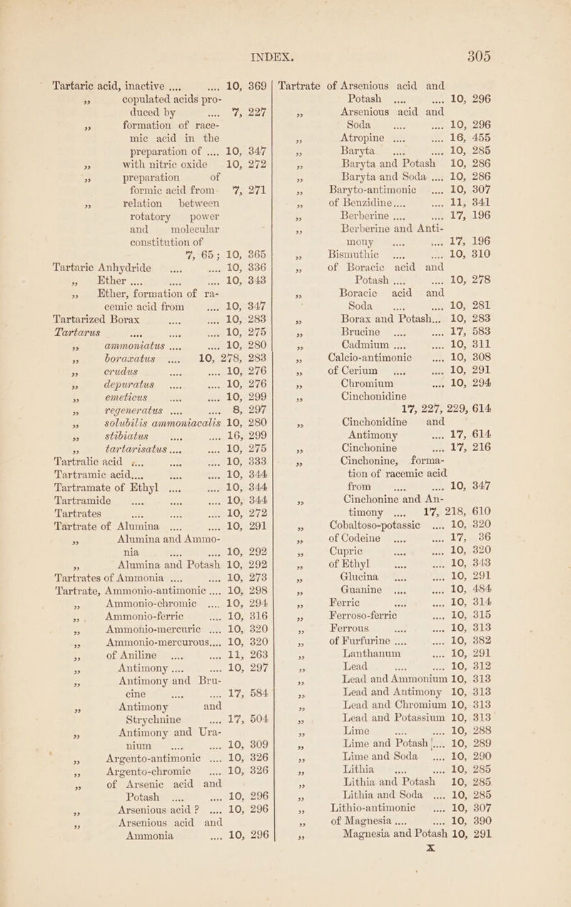 Tartaric acid, inactive .... ... 10, 369 | Tartrate of Arsenious acid and a copulated acids pro- Potash .. 10, 296 duced by i ee » Arsenious acid ond FF formation of race- Soda sg .... LO, 296 mic acid in the rs Atropine .... ... 16, 455 preparation of ..,. 10, 347 Pr Baryiay = ..2 104285 a with nitric oxide 10, 272 Baryta and Potash! 10, 286 7 preparation of Baryta and Soda .... 10, 286 formic acid from. 7, 271 Be ge gence .... LO, 307 FP relation between - of Benzidine.. seco LS O41 rotatory power -, Berberine .,. 17, 196 and molecular . Berberine nad Anti- constitution of On WeUet ion 17; 196 7, 65; 10, 365 a Bismuthic .... ive 10.5510 Tartaric Anhydride _.... .... LO, 336 4 of Boracic acid and Peet ithor:.).. Nat 10a 343 Potash .... 8 10,.278 &gt;» ther, formation of ra- a Boracie acid and cemic acid from ye 109347 Soda _.... . 10, 281 Tartarized Borax i ne 102283 a Borax and Potastis 10, 283 Tartarus fe a s ELO M275 oe Brucine .... pele b83 Rs ammoniatus .... .... 10, 280 ee Cadmium .... wea LOS old 35 boraxatus .... 10, 278, 283 ie Calcio-antimonic .... 10, 308 crudus bya LOS 276 a of Cerium et ey 1034291 a depuratus we LOSE276 ie Chromium ... LO, 294 , emeticus an wer 107299 - Cinchonidine Pe regeneratus .... S297 17, 227, 229, 614 r solubilis He OOS 10, 280 rs Cinchonidine and = stibiatus Me, fk Oe 2909 Antimony ee Bra tartarisatus .... ee LORD zt Cinchonine a als artratio acid - LOR S33) |P aes Cinchonine, forma- Tartramic sc er .... LO, 344 tion of racemic acid Tartramate of Ethyl .... .... LO, 344 from oe ... 10, 347 Tartramide on ae ... LO, 344 Fp Cinchonine and ia. Tartrates we sth lO 272 timony) .;/,/ 9/177 218,.610 Tartrate of Alumina .... 1a LO 291 as Cobaltoso-potassic .... 10, 320 ¥ Alumina and Ammo- ir of Codeine... TR 17 ge 06 nia fs: est 0297 - Cupric ie ... LO, 320 _ Alumina and Potash 10, 292 rf of Ethyl bef .... LO, 343 Tartrates of Ammonia .... 9a 4T02278 Rs Glucina ..... a 10,291 Tartrate, Ammonio-antimonic .... 10, 298 A Guanine .... .... LO, 484 Ps Ammonio-chromic .... 10, 294 a Ferric Fes .... LO, 314 &gt;. Ammonio-ferric m. LO, 316 5 Ferroso-ferric pi lOmol® rfl Ammonio-mercuric .... 10, 320 * Ferrous eat ... 10, 313 - Ammonio-mercurous,... 10, 320 &lt;A of Furfurine .... .... LO, 382 BS of Aniline... celle 263 a Lanthanum wee LO e290 Fp Antimony .... eee Oa 297. Be Lead ne 10, 312 i Antimony and Bru- Lead and Aeonann 10, 313 cine he “as Ly, O84 ae Lead and Antimony 10, 313 # Antimony and a Lead and Chromium 10, 313 Strychnine ww. L7, 504 ce Lead and Potassium 10, 313 # Antimony and Ura- i Lime , . 10, 288 WINS ge LO. 309 3 Lime and Potash |. . 10, 289 a Argento-antimonic ..,. 10, 326 Ay, Lime and Soda __..... 10, 290 A Argento-chromic ..., 10, 326 na Lithia ie . 10, 285 es of Arsenic acid and es Lithia and Potash 10, 285 Potash .... 91058296 or Lithia and Soda .... 10, 285 - Arsenious acid ? .... 10, 296 Lithio-antimonic _..,, 10, 307 ‘ Arsenious acid and - of Magnesia ., 10, 3890 Ammonia ni LOZ 296 P Magnesia anal Potash 10, 291 x