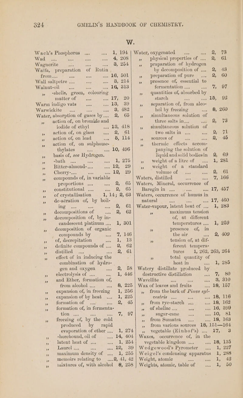 Wach’s ee a, 1, 194 | Water, oxygenated ,.., ‘as Mareen Wad ae 4, 208 » physical properties of ..., 2, 61 Wagnerite ‘4 sess rast oAby! 24 »» praparation of hydrogen Waifa, preperation of Rutin by decomposition of ,,, 2 48 from,, af 16, 501 »» preparation of pure 2, 60 Wall Slipeires ae 3, 214 »» presence of, essential to Walnut-oil . 16, 313 fermentation ,, paw » ‘shells, green, “colouring 4 quantities of, absorbed by matter of i seg) 70) starch # , 15, 92 Warm indigo vats 13, 39 4 Separation of, Sou leat Warwickite _ 3, 482 hol by freezing i) eosEeDY Water, absorption of gases bee 2, 66 »» Simultaneous solution of » action of, on bromide and three salts in., 2, 73 iodide of ethyl 13, 418 yf simultaneous solution aE » action of, on glass ne we EE two salts in ,,,, pt arg »» action of, on lead ear, o Lai y» sources of a6 wan, B46 » action of, on tea a » thermic effects saccom- thylates w. 10, 496 panying the solution of »,» basis of, see Hydiogen. liquid andsolid bodiesin 2 69 » ebath vee reer »» weight of a litre of 1, 281 i Bitter-almond- ., 12, 29 3 weight of a standard » Cherry-... ayy AY) volume of a. jest dt eae , compounds of, in n variable Waters, distilled fail reebe proportions ..., 2, 65 | Waters, Mineral, occurrence of » constitutional ..., un Sey UD Baregin in rae or fae / » of crystallisation 1, 14; 2, 68 Waters, occurrence of humus j in », de-aération of, by boil- natural ae wav 1'7,- 460 iy Re 2, 61)| Water-vapour, latent heat of . 1 woe » decompositions of meee Oe am maximum tengion »» decomposition of, by in- of, at different candescent platinum .,,, 1, 301 temperatures... 1, 259 », Gdcomposition of organic ” presence of, in compounds by . ty 446 the air Ret eee 8) » Of, decrepitation fo ew i; tension of, at dif- », definite compounds of ,,, 2 62 ferent tempera: » distilled &lt;n tures 1, 262, 263, 264 » effect of in inducing the | ; total quantity of combination of hydro- heat in isi ape gen and oxygen ws 2 58] Watery distillate produced by » electrolysis of . 1, 446 destructive distillation wot ow », and Ether, formation of, Wavellite ae din? SP B10 from alcohol , ww» 8, 225 | Wax of leaves and fruits ever esi Pha »» expansion of, in ‘freezing 1, 256] ,, from the bark of Pinus syl- 5 expansion of by heat 1, 225 vestris .... ae i le Fe tOrIOAtLONLOF.y-.. we 8 45] 4, from rye-starch wis , 18, 162 », formation of, in fermenta- » Of shellac.,.,, sai jeaLG.voue TiGiieks: 7, Ola wea) sugar-cane abl Osan » freezing of, by “the cold » from Sumatra ‘ih, L658 produced by rapid », from various sources 18, 1612~164 evaporation of ether... 1, 274} ,, vegetable (Hinhof’s) . L738 03 x -horehound, oil of 14, 404 | Waxes, occurrence of, in ile », latent heat of ..., 1, 254 vegetable kingdom ,.., », 18, 185 » Laurel .., .. L2, 39 | Wedgewood’s Pyrometer 1, 227 4» Maximum density of 1, 255 | Weigel’s condensing apparatus 1, 288 » memoirs relating to ....2, 41, 42 Weight, atomic 5 sists hs » aixtures of, with alcohol @, 258 Weights, atomic, table oF Ls 50