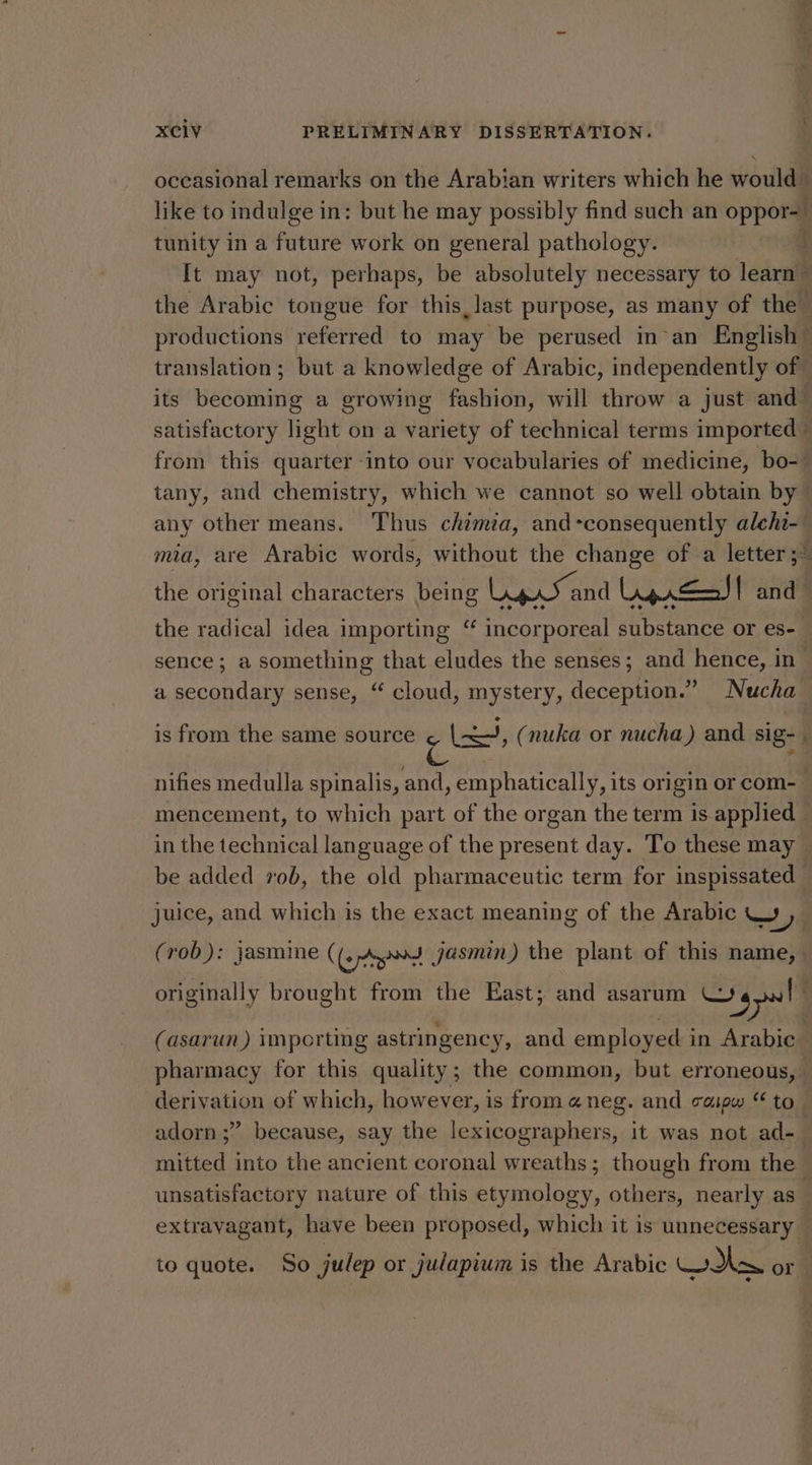 occasional remarks on the Arabian writers which he would” like to indulge i in: but he may possibly find such an oppor tunity in a future work on general pathology. It may not, perhaps, be absolutely necessary to learn” the Arabic tongue for this, last purpose, as many of the productions referred to may be perused in-an English translation; but a knowledge of Arabic, independently of — its becoming a growing fashion, will throw a just and” satisfactory light on a variety of technical terms imported from this quarter -into our vocabularies of medicine, bo-— tany, and chemistry, which we cannot so well obtain by” any other means. Thus chimza, and-consequently alchi-_ mia, are Arabic words, without the change of a letter ;~ the original characters being Lrgas and Liyncas| and the radical idea importing “ incorporeal substance or es- sence; a something that eludes the senses; and hence, in a secondary sense, “ cloud, mystery, deception.” Nucha is from the same source ¢ |<, (nuka or nucha) and sig- | > nifies medulla spinalis ,and, emphatically, its origin or com-_ mencement, to which part of the organ the term is applied — in the technical language of the present day. To these may be added rob, the old pharmaceutic term for inspissated — juice, and which is the exact meaning of the Arabic W , (rob): jasmine ((opAgnd jasmin) the plant of this name, originally brought from the East; and asarum i gpl (asarun) importing astringency, and employed i in Arabic pharmacy for this quality; the common, but erroneous, derivation of which, however, is fromaneg. and caipw “ to adorn ;” because, say the lexicographers, it was not ad- mitted into the ancient coronal wreaths; though from the unsatisfactory nature of this etymology, others, nearly as extravagant, have been proposed, which it is unnecessary to quote. So julep or julapium is the Arabic ws or
