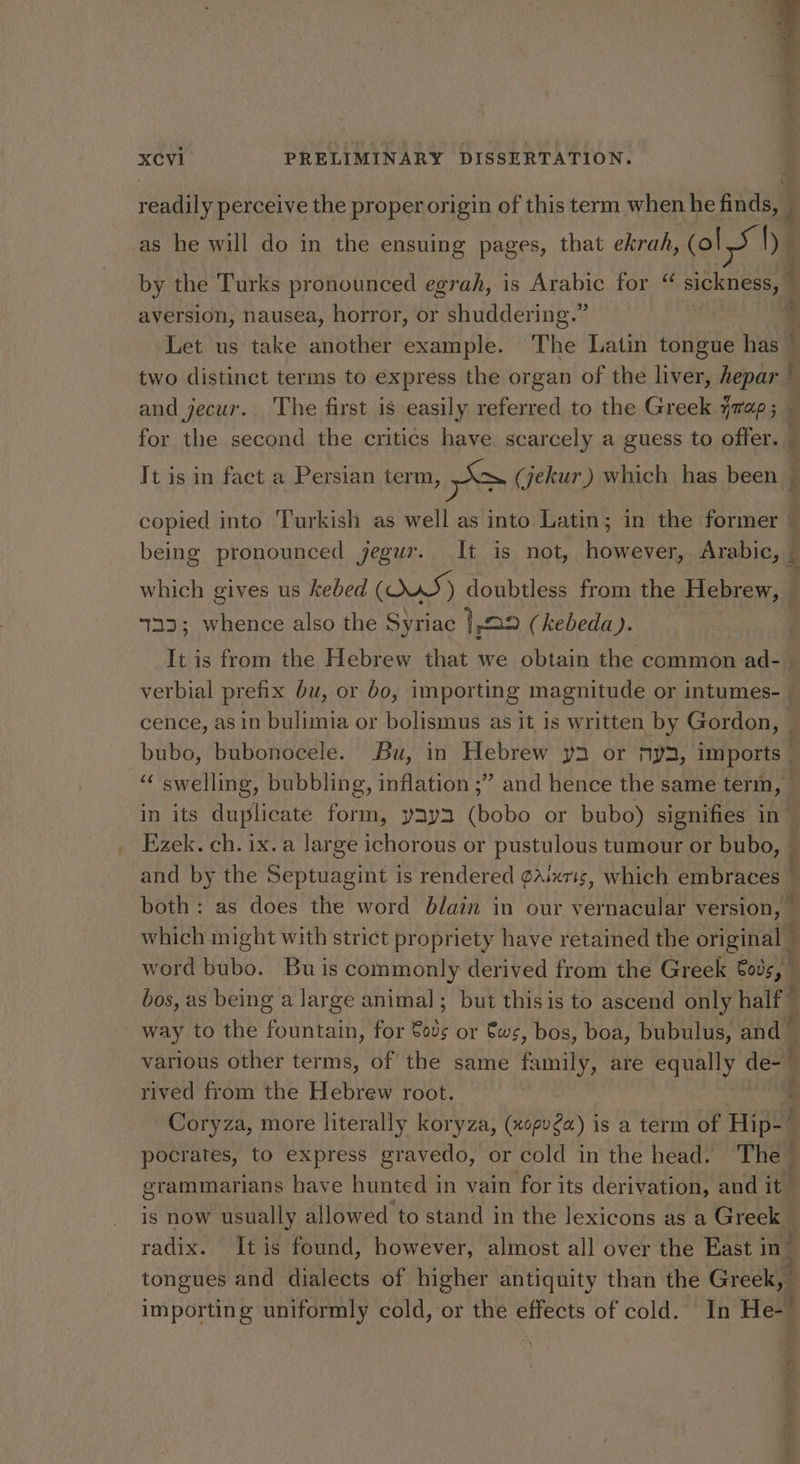 realy perceive the proper origin of this term when he finds, aversion, nausea, horror, or shuddering.” Let us take another cist The Latin tongue has two distinct terms to express the organ of the liver, hepar for the second the critics have scarcely a guess to offer. being pronounced jegur. It is not, however, Arabic, hare 323; whence also the Syriac jne (kebeda ). 7 It is from the Hebrew that we obtain the common ad- Ezek. ch. ix.a large ichorous or pustulous tumour or bubo, a) ¢ ad both: as does the word db/ain in our vernacular version, which might with strict propriety have retained the original » +4 rived from the Hebrew root.