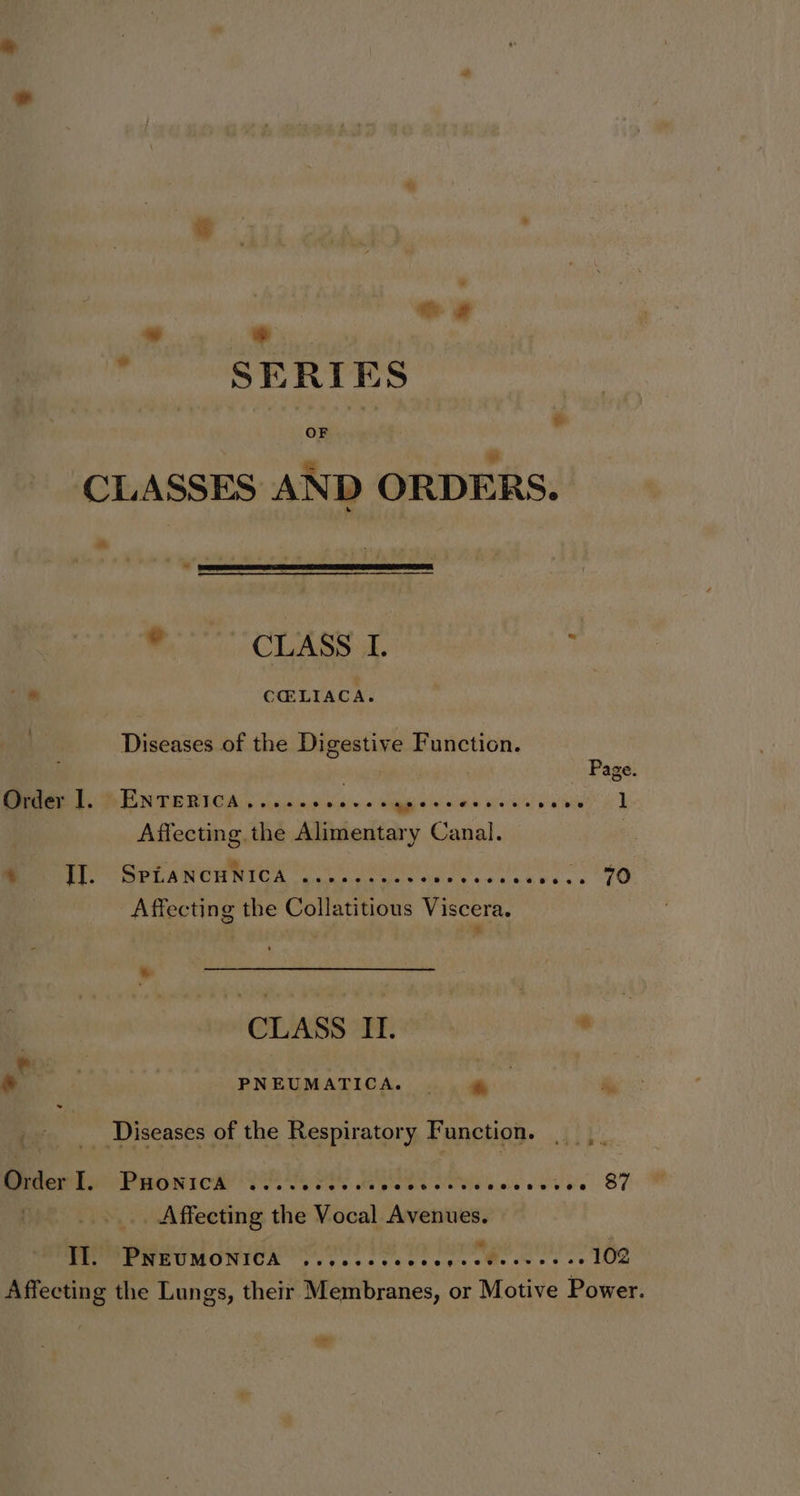 * @ a. et ee r SERIES hielo . | “ s CLASSES AND ORDERS. ° CLASS I. ; /* CELIACA. Diseases of the Digestive Function. | Page Geter 1. hENTERICA 5 os si0p nse wigys i a SE acne 1 Affecting the MBdeskion y Canal. : * Wr Re WRC RICK oe Re a hte ho ig Affecting the Collatitious Viscera. > | CLASS II.  - ae PNEUMATICA. | “ | li _____ Diseases of the Respiratory Function... Srder'ls Panonica oi: HES eepnete ics A 8h _.. Affecting the Vocal Avenues. TE PNEUMONICA 2....-c000. ee errs 102 Affecting the Lungs, their Membranes, or Motive Power. ae