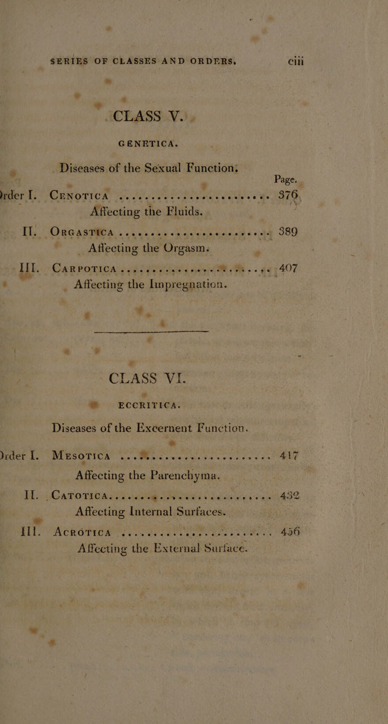 om * cs + _CLASS V... GENFTICA. ‘ Diseases of the Sexual Function. - . Page. . rder I. CENOTICA eee ees oe O46 oe ee Beles 6 OS 370, Affecting the Fluids. | IT. OrRGASTICA 6 Se ee, CaaS Oo ae eee ea ie 5 389 Affecting the Orgasm. a Lil, Car PoTrica ss he P85 cd OE OM... gg 7 407 ie ees i] ‘ _ Affecting the lnpregnation. f ¥. . | « + : e ~ CLASS VI. ; ” * ECCRITICA. Diseases of the Excernent Function. « drder I. Mesorica ee a (ate eoeesee¢e¢8e8ee 8&amp;8 8 &amp; @ @ 417 Affecting the Parenchyma. DD: 4 LaF OTS O54 aa POR i Sainte os ee AS2 - Affecting Internal Surfaces. athe ACR OVIOR Cee eta ee ete bs ie ROO Affecting the External Surface. |