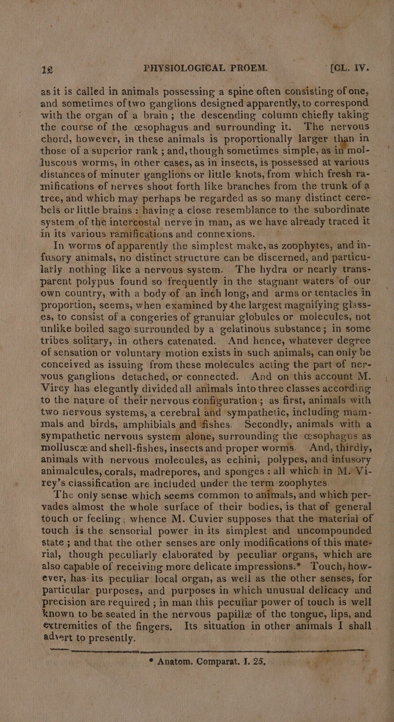 as it is called in animals possessing a spine often consisting of one, and sometimes oftwo ganglions designed apparently, to correspond with the organ of a brain; the descending column chiefly taking the course of the cesophagus and surrounding it. The nervous chord, however, in these animals is proportionally larger a in those of a superior rank ; and, though sometimes simple, as in mol- juscous worms, in other cases, as in Insects, is possessed at various distances of minuter ganglions or little knots, from which fresh ra- mifications of nerves shoot forth like branches from the trunk of a tree, and which may perhaps be regarded as so many distinct cere- bels or little brains : having a close resemblance to the subordinate system of the intercostal nerve in man, as we have already traced it in its various ramifications and connexions. In worms of apparently the simplest make, as zoophytes, and in- fusory animals, no distinct structure can be discerned, and particu- ~ larly nothing like a nervous system. The hydra or nearly trans- parent polypus found so frequently in the stagnant waters of our own country, with a body of an inch long, and arms or tentacles in proportion, seems, when examined id the largest magnilying glass- es, to consist of a congeries of granular globules or molecules, not unlike boiled sago surrounded by a gelatinous substance; in some tribes solitary,.in others catenated. And hence, whatever degree of sensation or voluntary motion exists in such animals, can only be conceived as issuing from these molecules acting the part of ner- vous ganglions detached, or connected. And on this account M. Virey has elegantly divided all animals into three classes according to the nature of their nervous configur ation; as first, animals with two nervous systems, a cerebral and sympathetic, including mam- mals and birds, amphibials and fishes. Secondly, animals with a sympathetic nervous system alone, surrounding the cesophagus as molluscz and shell-fishes, insects and:proper worms. And, thirdly, animals with nervous molecules, as echini; polypes, and infusory animalcules, corals, madrepores, and sponges : all which in M. Vi- rey’s classification are included under the term zoophytes. The only sense which seems common to animals, and which per- vades almost the whole surface of their bodies, is that of general touch or feeling; whence M. Cuvier supposes that the material of touch is the sensorial power in its simplest and uncompounded state ; and that the other senses are only modifications of this mate- rial, though peculiarly elaborated by peculiar organs, which are also capable of receiving more delicate impressions.* Touch, how- ever, has-its peculiar local organ, as well as the other senses, for particular purposes, and purposes in which unusual delicacy and precision are required ; in man this peculiar power of touch is well known to be seated in the nervous papillz of the tongue, “— and €xtremities of the fingers, Its situation in other animals I shall advert to presently. . : See 2 ED