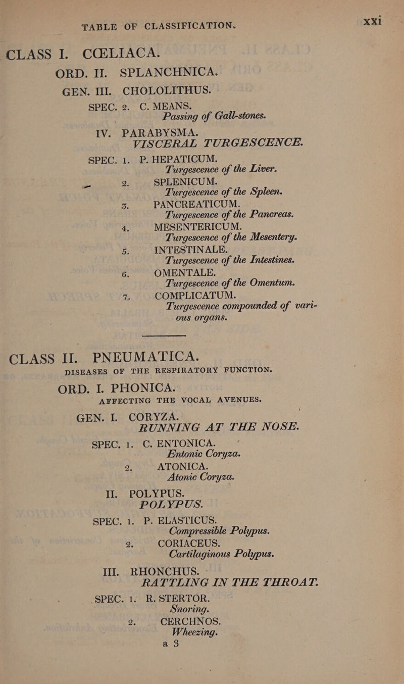 “CLASS I. CCkLIACA. ORD. II. SPLANCHNICA. GEN. Ill. CHOLOLITHUS. IV. PARABYSMA. VISCERAL TURGESCENCE. Turgescence of the Liver. oe ee SPLENICUM. Turgescence of the Spleen. Be PANCREATICUM. Turgescence of the Pancreas. 4, MESENTERICUM. Turgescence of the Mesentery. 5. INTESTIN ALE. Turgescence of the Intestines. 6. OMENTALE. Turgescence of the Omentum. Te COMPLICATUM. Turgescence compounded of vari- ous organs. CLASS I]. PNEUMATICA. AFFECTING THE VOCAL AVENUES. GEN. I. CORYZA. RUNNING AT THE NOSE. Entonic Coryza. 2. ATONICA. Atonie Coryza. POLYPUS. SPEC. 1. P. ELASTICUS. Compressible Polypus. 2. CORIACEUS. Cartilaginous Polypus. III. RHONCHUS. RATTLING IN THE THROAT. SPEC. 1. R.STERTOR. Snoring. a CERCHNOS. Wheezing. a 3 XX1