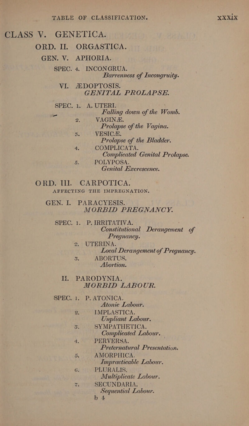 VI. A DOPTOSIS. GENITAL PROLAPSE. Falling down of the Womb. 2. VAGINE. Prolapse of the Vagina. Se VESICA. Prolapse of the Bladder. 4, COMPLICATA. Complicated Genital Prolapse. 5. POLYPOSA. Genital Excrescence. ORD. Ill. CARPOTICA. AFFECTING THE IMPREGNATION. GEN. I. PARACYESIS. MORBID PREGNANCY. SPEC. 1. P.IRRITATIVA. Constitutional Derangement of Pregnancy. 2. UTERINA. Local Derangement of Pregnancy. 3. ABORTUS. Abortion. - Ii, PARODYNIA. Atonice Labour. Z. IMPLASTICA. Unpliant Labour. 5. SYMPATHETICA. Complicated Labour. 4, PERVERSA. Preternatural Presentation. 5. AMORPHICA. Impracticable Labour. 6. PLURALIS. Multiplicate Labour. SECUNDARIA. Sequential Labour. b 4 aq