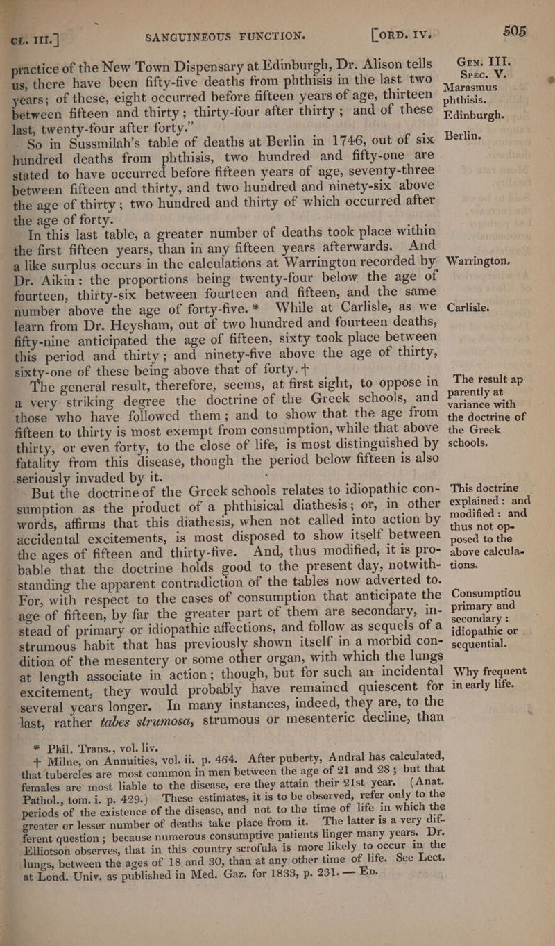 = A : ae 6L. It. ] SANGUINEOUS FUNCTION. [orD. Iv. 505 practice of the New Town Dispensary at Edinburgh, Dr. Alison tells Gen. IIT. us, there have been fifty-five deaths from phthisis in the last two Srec. V. years; of these, eight occurred before fifteen years of age, thirteen ORES between fifteen and thirty; thirty-four after thirty; and of these s Fe alse last, twenty-four after forty.” ens So in Sussmilah’s table of deaths at Berlin in 1746, out of six Berlin. hundred deaths from phthisis, two hundred and fifty-one are stated to have occurred before fifteen years of age, seventy-three between fifteen and thirty, and two hundred and ninety-six above the age of thirty ; two hundred and thirty of which occurred after the age of forty. In this last table, a greater number of deaths took place within the first fifteen years, than in any fifteen years afterwards. And a like surplus occurs in the calculations at Warrington recorded by Warrington. Dr. Aikin: the proportions being twenty-four below the age of fourteen, thirty-six between fourteen and fifteen, and the same number above the age of forty-five. * While at Carlisle, as we Carlisle. learn from Dr. Heysham, out of two hundred and fourteen deaths, fifty-nine anticipated the age of fifteen, sixty took place between this period and thirty; and ninety-five above the age of thirty, sixty-one of these being above that of forty. + The general result, therefore, seems, at first sight, to oppose in The result ap a very striking degree the doctrine of the Greek schools, and Parently at those who have followed them; and to show that the age from rarrpet ee! fifteen to thirty is most exempt from consumption, while that above the Greek thirty, or even forty, to the close of life, is most distinguished by schools. fatality from this disease, though the period below fifteen is also ‘seriously invaded by it. ' But the doctrine of the Greek schools relates to idiopathic con- This doctrine sumption as the product of a phthisical diathesis; or, in other explained: and words, affirms that this diathesis, when not called into action by modified: and accidental excitements, is most disposed to show itself between eae Hae the ages of fifteen and thirty-five. And, thus modified, it is pro- eae ealentan bable that the doctrine holds good to the present day, notwith- tions. standing the apparent contradiction of the tables now adverted to. For, with respect to the cases of consumption that anticipate the Consumptiou age of fifteen, by far the greater part of them are secondary, in- Primary and stead of primary or idiopathic affections, and follow as sequels of a mes fa a strumous habit that has previously shown itself in a morbid con- Ee aienae dition of the mesentery or some other organ, with which the lungs at length associate in action ; though, but for such ar incidental Why frequent excitement, they would probably have remained quiescent for in early life. several years longer. In many instances, indeed, they are, to the last, rather fabes strumosa, strumous oF mesenteric decline, than * Phil. Trans., vol. liv. . + Milne, on Annuities, vol. ii. p. 464. After puberty, Andral has calculated, that tubercles are most common in men between the age of 21 and 28; but that females are most liable to the disease, ere they attain their 21st year. (Anat. Pathol., tom. i. p. 429.) These estimates, it is to be observed, refer only to the periods of the existence of the disease, and not to the time of life in which the greater or lesser number of deaths take place from it. The latter is a very dif- ferent question ; because numerous consumptive patients linger many years. Dr. Elliotson observes, that in this country scrofula is more likely to occur in the lungs, between the ages of 18 and 30, than at any other time of life. See Lect. at Lond. Univ. as published in Med. Gaz. for 1833, p. 231. — Ep.