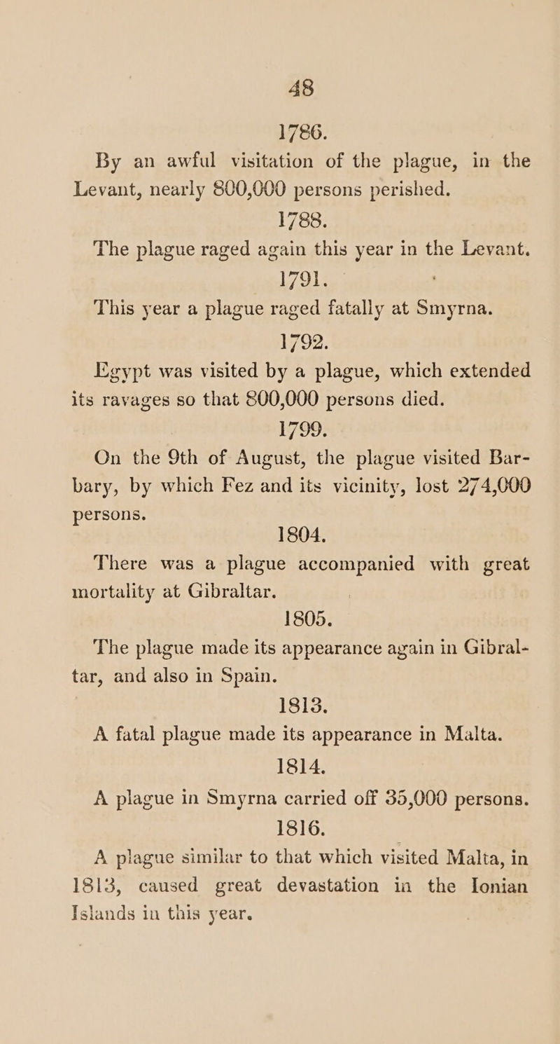 1786. By an awful visitation of the plague, in the Levant, nearly 800,000 persons perished. 1788. The plague raged again this year in the Levant. L/L: This year a plague raged fatally at Smyrna. 1792. Egypt was visited by a plague, which extended its ravages so that 800,000 persons died. 1799. On the 9th of August, the plague visited Bar- bary, by which Fez and its vicinity, lost 274,000 persons. 1804. There was a plague accompanied with great mortality at Gibraltar. 1805. The plague made its appearance again in Gibral- tar, and also in Spain. 1813. A fatal plague made its appearance in Malta. 1814. A plague in Smyrna carried off 35,000 persons. 1816. A plague similar to that which visited Malta, in 1813, caused great devastation in the Ionian Islands in this year.