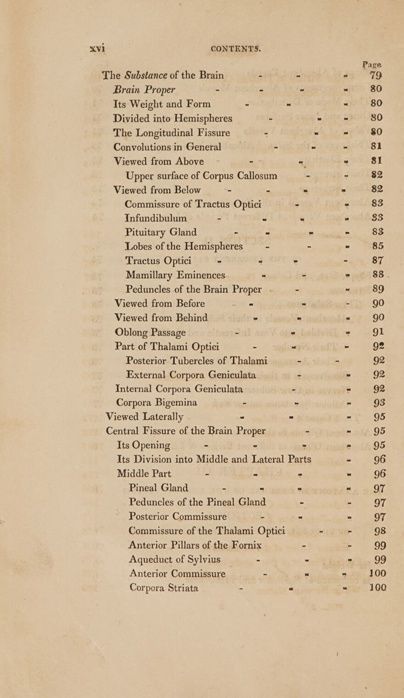 Page The Substance of the Brain - - ~ 79 Brain Proper - - ~ “ 80 Its Weight and Form - “ = 80 Divided into Hemispheres - = » 80 The Longitudinal Fissure - “ = 80 Convolutions in General - - * $1 Viewed from Above ~ 7 8 81 Upper surface of Corpus Callosum - - 82 Viewed from Below - ™ = = 82 Commissure of Tractus Optici + = 83 Infundibulum - a é e 33 Pituitary Gland ~ “ = » 83 Lobes of the Hemispheres - - “ 85 Tractus Optici * “ = - 87 Mamillary Eminences “ - = 88 . Peduncles of the Brain Proper - = 89 Viewed from Before = = - 90 Viewed from Behind « = “ 90 Oblong Passage - S - gl Part of Thalami Optici - “ - 92 Posterior Tubercles of Thalami - - 92 External Corpora Geniculata ti at = 92 Internal Corpora Geniculata = 92 Corpora Bigemina - ~ = 93 Viewed Laterally a ns se 05 Central Fissure of the Brain Proper ~ = 95 Its Opening - “ ° = 95 Its Division into Middle and Lateral Parts - 96 Middle Part 2 - - = 96 Pineal Gland - = = = O7 Peduncles of the Pineal Gland - - 97 Posterior Commissure - = > 07 Commissure of the Thalami Optici - - 98 Anterior Pillars of the Fornix - - 99 Aqueduct of Sylvius : ° 09 Anterior Commissure - “ . 100 Corpora Striata ~ 2 - 100