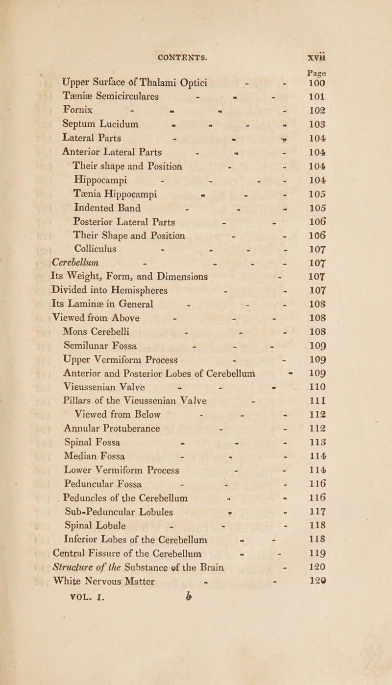 Upper Surface of Thalami Optici Teenie Semicirculares - = Fornix - “ “ Septum Lucidum = “ - Lateral Parts - > Anterior Lateral Parts - ~ Their shape and Position + Hippocampi - - Tenia Hippocampi = - Indented Band re 2 Posterior Lateral Parts - Their Shape and Position - Colliculus - - - Cerebellum = -3 e Its Weight, Form, and Dimensions Divided into Hemispheres ~ Its Lamine in General - - Viewed from Above - - Mons Cerebelli = - Semilunar Fossa - - Upper Vermiform Process - Anterior and Posterior Lobes of Cerebellum Vieussenian Valve ~ - Pillars of the Vieussenian Valve - Viewed from Below - - Annular Protuberance - Spinal Fossa = - Median Fossa - ~ Lower Vermiform Process - Peduncular Fossa - - , Peduncles of the Cerebellum “ Sub-Peduncular Lobules , Spinal Lobule . * Inferior Lobes of the Cerebellum a Central Fissure of the Cerebellum « Structure of the Substance of the Brain White Nervous Matter ~ Vou. L b