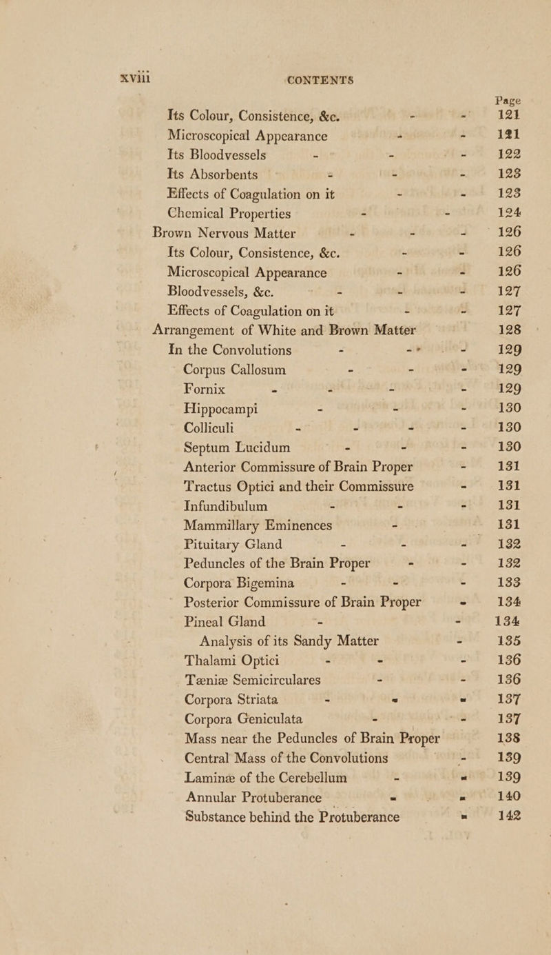 XVU1 Corpus Callosum - . Fornix . . : Hippocampi - aie Colliculi - - - Septum Lucidum - - Anterior Commissure of Brain Proper Tractus Optici and their Commissure Infundibulum - - Mammillary Eminences - Pituitary Gland 7 - Peduncles of the Brain Proper - Corpora Bigemina - - Posterior Commissure of Brain Proper Pineal Gland - Analysis of its Sandy Matter Thalami Optici - - Teenie Semicirculares - Corpora Striata - ~ Corpora Geniculata - | Mass near the Peduncles of Brain Proper Central Mass of the Convolutions Laminez of the Cerebellum - Annular Protuberance — ° Substance behind the Protuberance