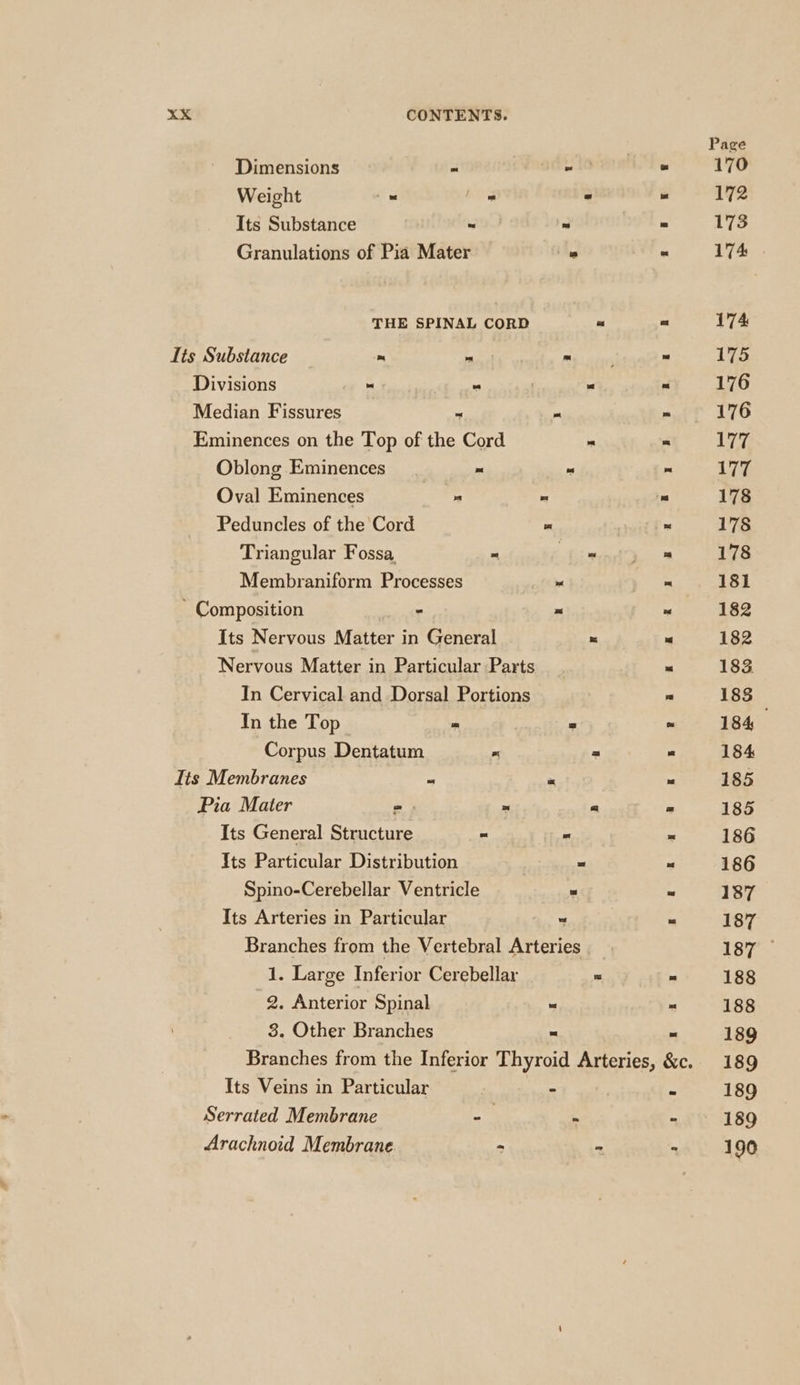 Page Dimensions “ ony 10 170 Weight _ a, - S 172 Its Substance v  = 173 Granulations of Pia Mater = 174 | THE SPINAL CORD “ “ 174 Its Substance ~ “ rai heen ° 175 Divisions “ - 7 “ a 176 Median Fissures    176 Eminences on the Top of the Cord m  177 Oblong Eminences = 6 177 Oval Eminences a n m 178 Peduncles of the Cord is _ 178 Triangular Fossa, = bined hs 178 Membraniform Processes ~ y 181 - Composition - “ 182 Its Nervous Matter in General ™ “a 182 Nervous Matter in Particular Parts = 183 In Cervical and Dorsal Portions 2 1838 In the Top = = os 184 Corpus Dentatum * = “ 184 Its Membranes - “ = 185 Pia Mater = m a = 185 Its General Structure « ~ . 186 Its Particular Distribution = a 186 Spino-Cerebellar Ventricle : « 187 Its Arteries in Particular “ “ 187 Branches from the Vertebral Arteries 187° ° 1. Large Inferior Cerebellar ts  188 2. Anterior Spinal - 188 3. Other Branches ~ . 189 Branches from the Inferior Thyroid Arteries, &amp;c. 189 Its Veins in Particular - | - 189 Serrated Membrane yi. . a 189 Arachnoid Membrane = ~ - 196