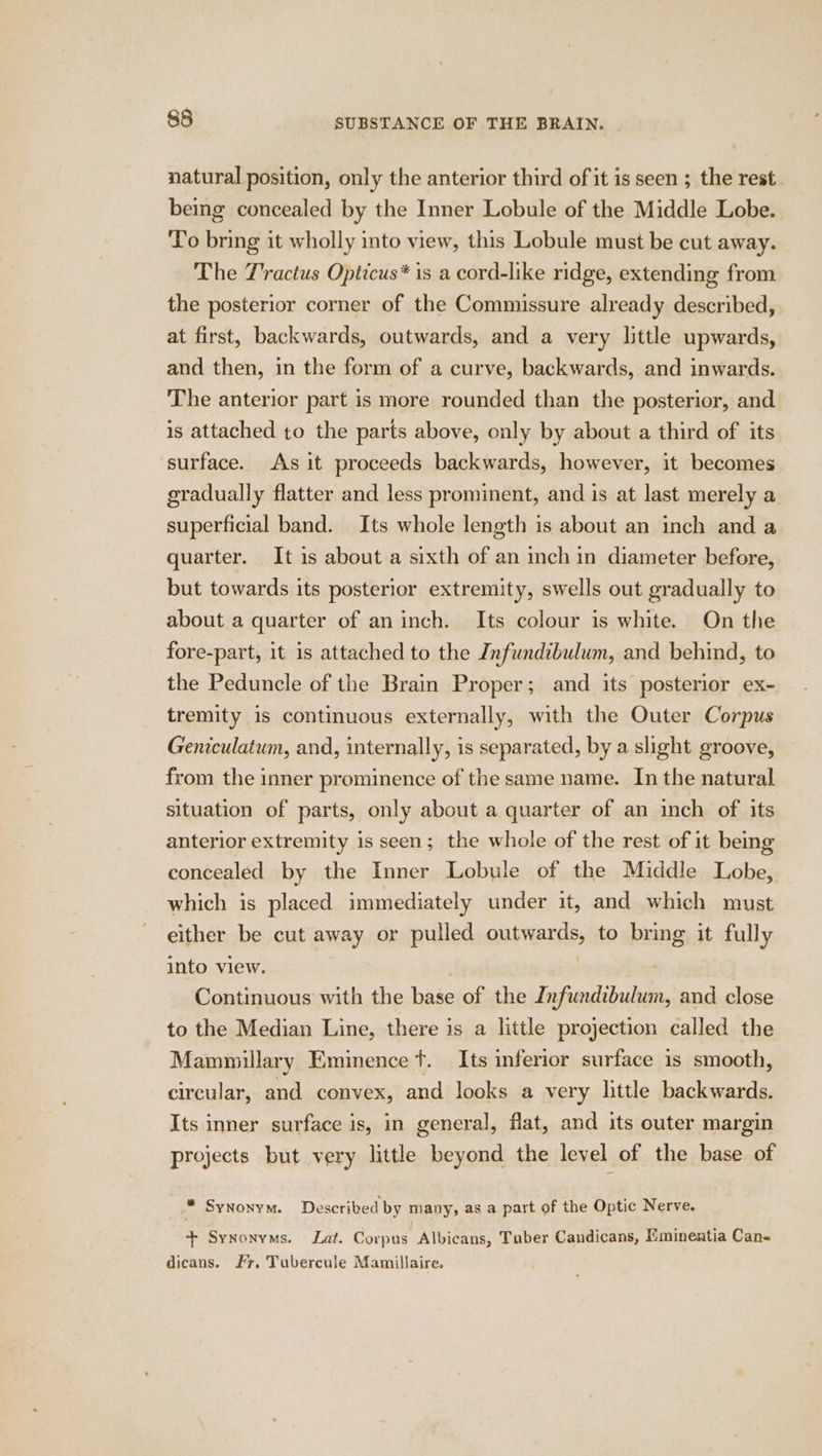 natural position, only the anterior third of it is seen ; the rest. being concealed by the Inner Lobule of the Middle Lobe. To bring it wholly into view, this Lobule must be cut away. The T'ractus Opticus* is a cord-like ridge, extending from the posterior corner of the Commissure already described, at first, backwards, outwards, and a very little upwards, and then, in the form of a curve, backwards, and inwards. The anterior part is more rounded than the posterior, and is attached to the parts above, only by about a third of its surface. As it proceeds backwards, however, it becomes gradually flatter and less prominent, and is at last merely a superficial band. Its whole length is about an inch and a quarter. It is about a sixth of an inch in diameter before, but towards its posterior extremity, swells out gradually to about a quarter of an inch. Its colour is white. On the fore-part, it is attached to the Infundibulum, and behind, to the Peduncle of the Brain Proper; and its posterior ex- tremity is continuous externally, with the Outer Corpus Geniculatum, and, internally, is separated, by a slight groove, from the inner prominence of the same name. In the natural situation of parts, only about a quarter of an inch of its anterior extremity is seen; the whole of the rest of it being concealed by the Inner Lobule of the Middle Lobe, which is placed immediately under it, and which must either be cut away or pulled outwards, to bring it fully into view. | Continuous with the base of the Infundibulum, and close to the Median Line, there is a little projection called the Mamuillary Eminence ft. Its inferior surface is smooth, circular, and convex, and looks a very little backwards. Its inner surface is, in general, flat, and its outer margin projects but very little beyond the level of the base of * Synonym. Described by many, as a part of the Optic Nerve. + Synonyms. Lat. Corpus Albicans, Tuber Candicans, Eminentia Can- dicans. Fr. Tubercule Mamillaire.