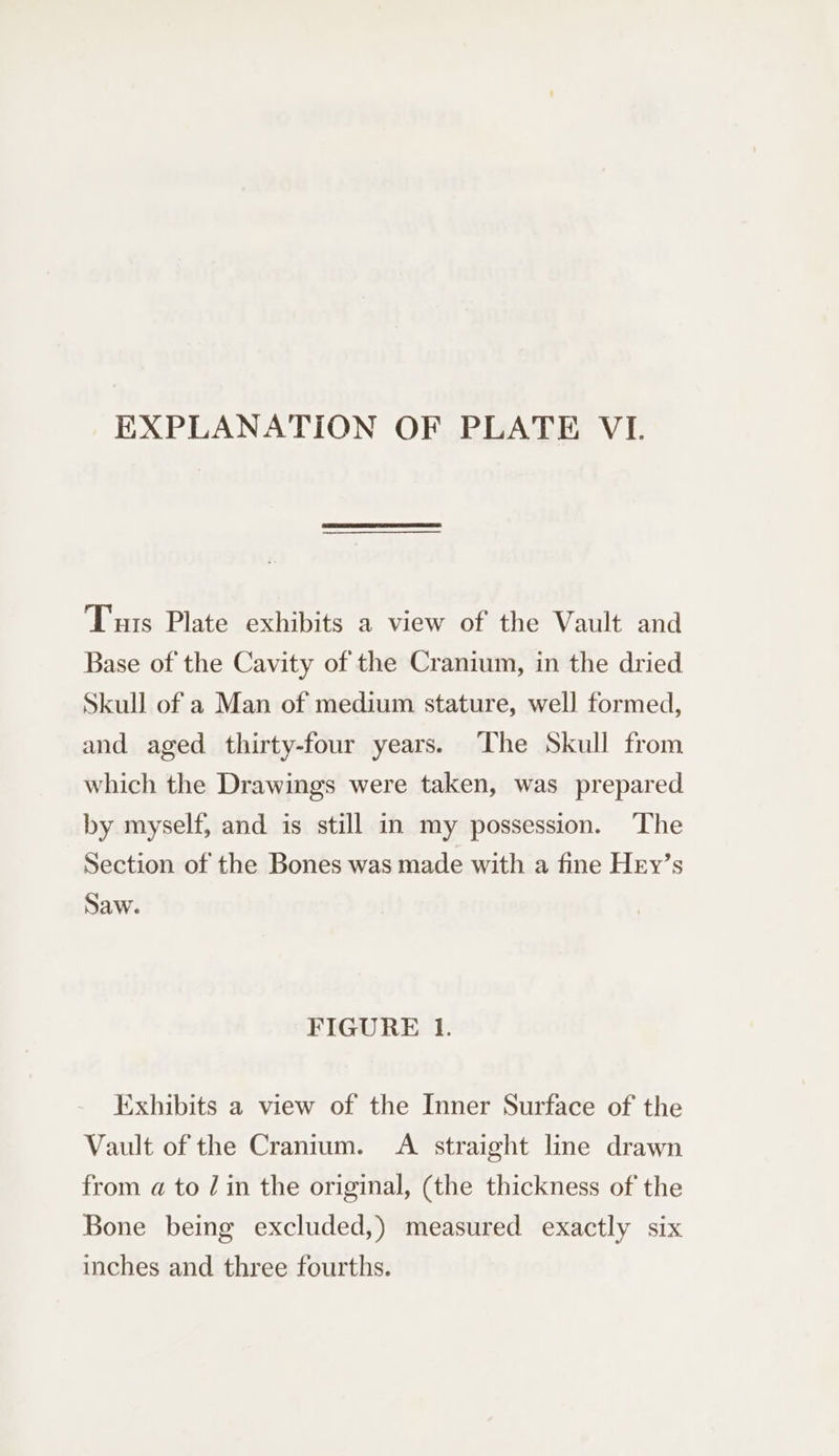Tus Plate exhibits a view of the Vault and Base of the Cavity of the Cranium, in the dried Skull of a Man of medium stature, well formed, and aged thirty-four years. The Skull from which the Drawings were taken, was prepared by myself, and is still in my possession. ‘The Section of the Bones was made with a fine Hry’s Saw. FIGURE 1. Exhibits a view of the Inner Surface of the Vault of the Cranium. A straight line drawn from a to Jin the original, (the thickness of the Bone being excluded,) measured exactly six inches and three fourths.