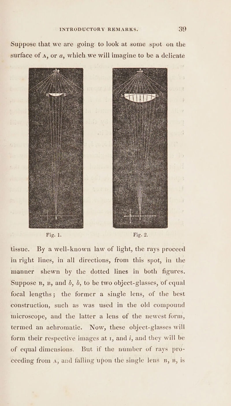 Suppose that we are going to look at some spot on the surface of a, or a, which we will imagine to be a delicate tissue. By a well-known law of light, the rays proceed in right lines, in all directions, from this spot, in the manner shewn by the dotted lines in both figures. Suppose B, B, and 4, 4, to be two object-glasses, of equal focal lengths; the former a single lens, of the best construction, such as was used in the old compound microscope, and the latter a lens of the newest form, termed an achromatic. Now, these object-glasses will form their respective images at 1, and i, and they will be of equal dimensions. But if the number of rays pro- ceeding from a, and falling upon the single lens B, B, is