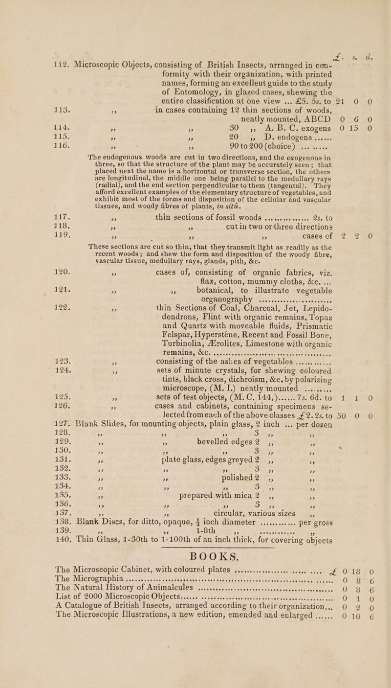112, At7. 118. A309; 120. 194. 122. formity with their organization, with printed names, forming an excellent guide to the study of Entomology, in glazed cases, shewing the entire classification at one view ... £5. 5s, to ” in cases containing 12 thin sections of woods, neatly mounted, ABCD * vs 30 ,, A. B.C. exogens my S° 20 ;, D. endogens...... » » 90 to 200 (choice) ... ..... The endogenous woods are cut in two directions, and the exogenous in three, so that the structure of the plant may be accurately seen; that placed next the name is a horizontal or transverse section, the others are longitudinal, the middle one being parallel to the medullary rays (radial), and the end section perpendicular to them (tangental). They afford excellent examples of the elementary structure of vegetables, and exhibit most of the forms and disposition of the cellular and vascular tissues, and woody fibres of plants, in siti. - thin sections of fossil woods ......e0s sseeee 25. tO ” os cut in two orthree directions ” ”» ” cases of These sections are cut so thin, that they transmit light as readily as the recent woods; and shew the form and disposition of the woody fibre, vascular tissue, medullary rays, glands, pith, &amp;c. cases of, consisting of organic fabrics, viz. flax, cotton, mummy cloths, &amp;c. ... ys ys botanical, to illustrate vegetable DSGGCO READILY Dies. ccs'vccs cues Pures sa thin Sections of Coal, Charcoal, Jet, Lepido- dendrons, Flint with organic remains, Topaz and Quartz with moveable fluids, Prismatic Felspar, Hyperstene, Recent and Fossil Bone, Turbinolia, Arolites, Limestone with organic TOMAING AOCiccss de abe eaceodas cco ee 2, consisting of the ashes of vegetables ............ x sets of minute crystals, for shewing coloured tints, black cross, dichroism, &amp;c. by polarizing microscope, (M. J.) neatly mounted ......... rr sets of test objects, (M.C. 144,)...... 7s. 6d. to + cases and cabinets, containing specimens se- lected from each of the above classes £2. 2s. to 128, 129. 130. 131. 1352. 133. 134. 180. 136. 137. ” 39 39 3? 3? 3? 2) 3? ” o bevelled edges 2 ” ” ” oD 5) ” 7 plate glass,edges greyed? _,, i ” ” Ee 3 ” 2” *3 af polished? ,, a ao ” ” ” / SY a9 i prepared with mica 2 ,, 4p a>? 3? x) 3 oe 33 circular, various sizes __,, 139. cw) 1-8th 9” Setoetseceses BOOKS. Oboe ert reertsres ae COP eee eee oe eserer sereeseee . eee eetene to their organization... feteee 21 0 0 6 0 15 2 2 Pek 50 0 0 18 0 8 Ors OF ya Oe