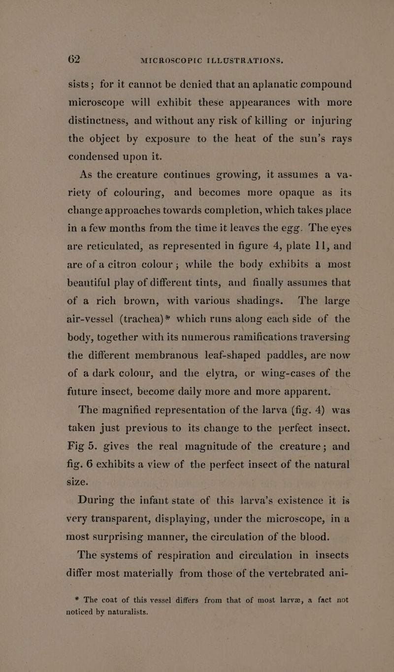 sists; for it cannot be denied that an aplanatic compound microscope will exhibit these appearances with more distinctness, and without any risk of killing or injuring the object by exposure to the heat of the sun’s rays condensed upon it. As the creature continues growing, it assumes a va- riety of colouring, and becomes more opaque as its change approaches towards completion, which takes place in afew months from the time it leaves the egg. The eyes are reticulated, as represented in figure 4, plate 11, and are of a citron colour; while the body exhibits a most beautiful play of different tints, and finally assumes that of a rich brown, with various shadings. The large air-vessel (trachea)* which runs along each side of the body, together with its numerous ramifications traversing the different membranous leaf-shaped paddles, are now of adark colour, and the elytra, or wing-cases of the future insect, become daily more and more apparent. The magnified representation of the larva (fig. 4) was taken just previous to its change to the perfect insect. Fig 5. gives the real magnitude of the creature; and fig. 6 exhibits a view of the perfect insect of the natural size. During the infant state of this larva’s existence it is very transparent, displaying, under the microscope, in a most surprising manner, the circulation of the blood. The systems of respiration and circulation in insects differ most materially from those of the vertebrated ani- * The coat of this vessel differs from that of most larve, a fact not noticed by naturalists.