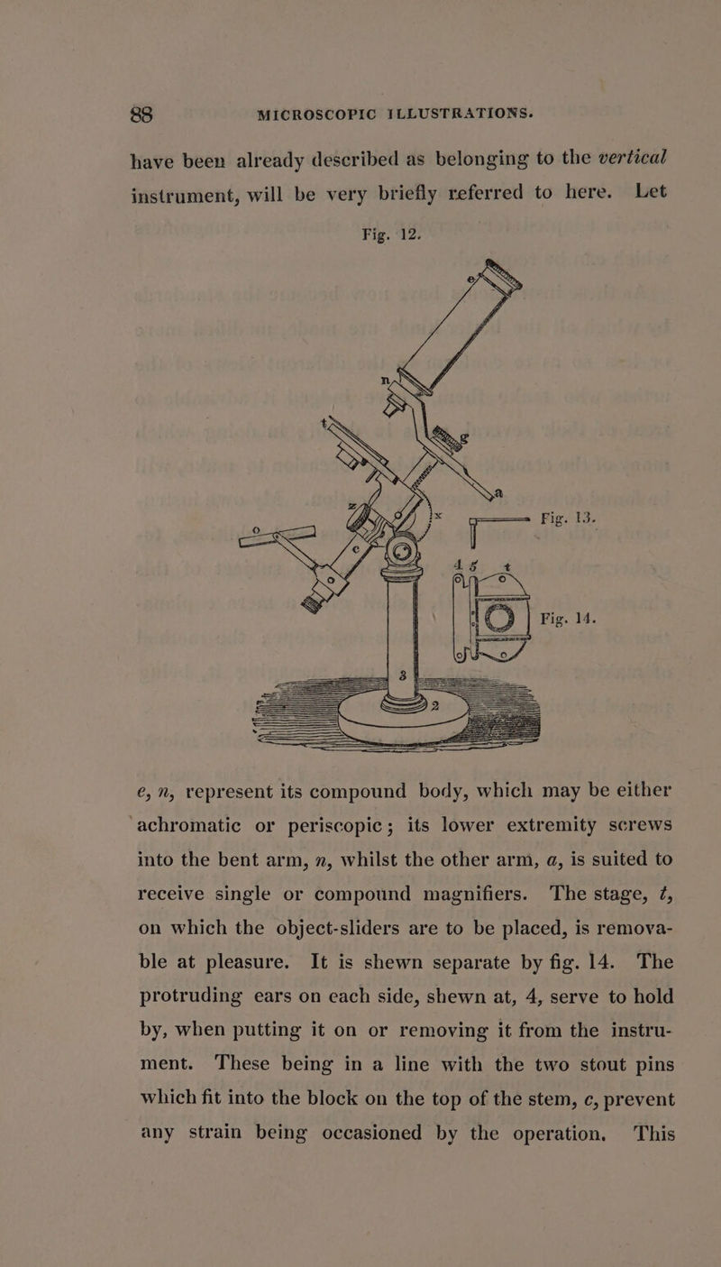 have been already described as belonging to the vertical instrument, will be very briefly referred to here. Let eé, n, represent its compound body, which may be either achromatic or periscopic; its lower extremity screws into the bent arm, 2, whilst the other arm, a, is suited to receive single or compound magnifiers. The stage, 7, on which the object-sliders are to be placed, is remova- ble at pleasure. It is shewn separate by fig. 14. The protruding ears on each side, shewn at, 4, serve to hold by, when putting it on or removing it from the instru- ment. These being in a line with the two stout pins which fit into the block on the top of the stem, c, prevent any strain being occasioned by the operation. This