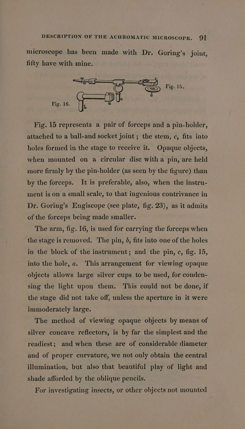 microscope has been made with Dr. Goring’s joint, fifty have with mine. Fs Fig. 16. f a Fig. 15 represents a pair of forceps and a pin-holder, attached to a ball-and socket joint ; the stem, c, fits into holes formed in the stage to receive it. Opaque objects, when mounted on a circular disc with a pin, are held more firmly by the pin-holder (as seen by the figure) than by the forceps. It is preferable, also, when the instru- ment is on a small scale, to that ingenious contrivance in Dr. Goring’s Engiscope (see plate, fig. 23), as it admits of the forceps being made smaller. The arm, fig. 16, is used for carrying the forceps when the stage is removed. The pin, J, fits into one of the holes in the block of the instrument; and the pin, c, fig. 15, into the hole, a. This arrangement for viewing opaque objects allows large silver cups to be used, for conden- sing the light upon them. This could not be done, if the stage did not take off, unless the aperture in it were immoderately large. The method of viewing opaque objects by means of silver concave reflectors, is by far the simplest and the readiest; and when these are of considerable diameter and of proper curvature, we not only obtain the central illumination, but also that beautiful play of light and shade afforded by the oblique pencils. For investigating insects, or other objects not mounted