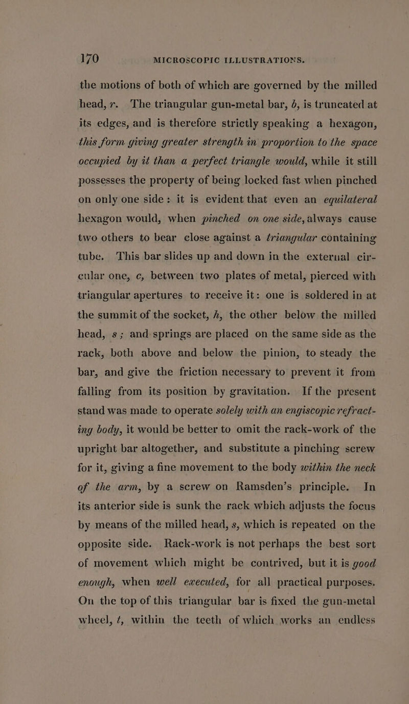 the motions of both of which are governed by the milled head, 7. The triangular gun-metal bar, 4, is truncated at its edges, and is therefore strictly speaking a hexagon, this form giving greater strength in proportion to the space occupied by it than a perfect triangle would, while it still possesses the property of being locked fast when pinched on only one side: it is evident that even an equilateral hexagon would, when pinched on one side,always cause two others to bear close against a ¢riangular containing tube. This bar slides up and down in the exterual cir- cular one, c, between two plates of metal, pierced with triangular apertures to receive it: one is soldered in at the summit of the socket, 2, the other below the milled head, s; and springs are placed on the same side as the rack, both above and below the pinion, to steady the bar, and give the friction necessary to prevent it from falling from its position by gravitation. Ifthe present stand was made to operate solely with an engiscopic refract- ing body, it would be better to omit the rack-work of the upright bar altogether, and substitute a pinching screw for it, giving a fine movement to the body within the neck of the arm, by a screw on Ramsden’s principle. In its anterior side is sunk the rack which adjusts the focus by means of the milled head, s, which is repeated on the opposite side. Rack-work is not perhaps the best sort of movement which might be contrived, but it is good enough, when well executed, for all practical purposes. On the top of this triangular bar is fixed the gun-metal wheel, ¢, within the teeth of which works an endless