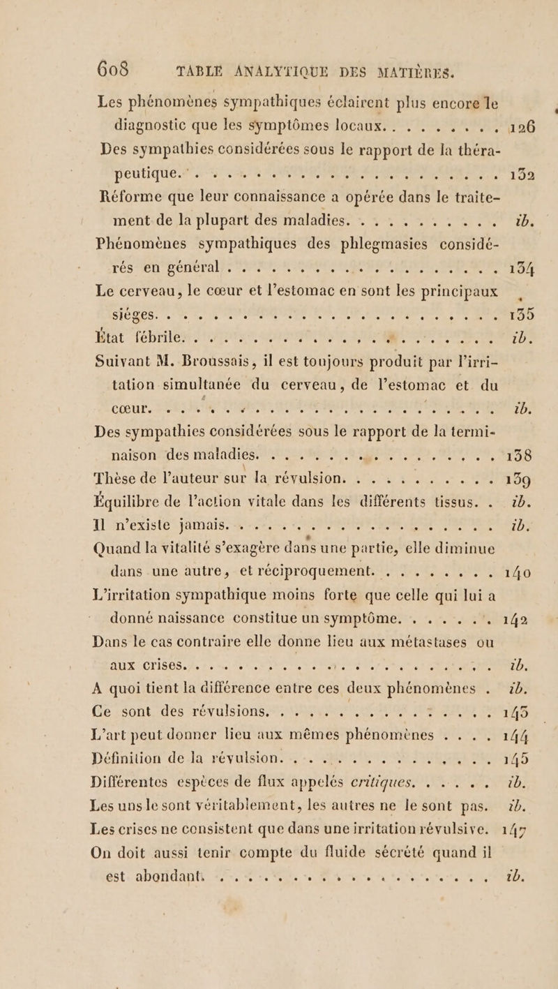 Les phénomènes sympathiques éclairent plus encore le diagnostic que les symptômes locaux... . . . . . .,, Des sympathies considérées sous le rapport de la théra- DEULIQUE F4 5 AUS FRERE AIN PRET, Réforme que leur connaissance a opérée dans le traite- ment de la plupart des mladiegs &lt; 272 2 0 ee Phénomènes sympathiques des phlegmasies considé- TÉS EL LONETAN TOME RTRRMESNNR RE RER Le cerveau, le cœur et l’estomac en sont les principaux CLR NES DS 7 NS REC A RE Mac fébrilénr ess ge te REA ere 2e Suivant M. Broussais, il est toujours produit par Pirri- tation simultanée du cerveau, de l'estomac et du COUE, 2083 ME ER, MERE MUR INT SAMU ETES ES RES Des sympathies considérées sous le rapport de la termi- naisonitiés Maliiés mien a ST Rs IRON Thèse de l’auteur sur la révulsion. . . : . .. . ... Équilibre de l’action vitale dans les différents tissus. . Il ERIC MAIS TEASER EE RAS Quand la vitalité s’exagère dans une partie, elle diminue dans une autre, et réciproquement. , . . . . ... L'irritation sympathique moins forte que celle qui lui a donné naissance constitue un sYMPIÔOMEN.. LE. Dans le cas contraire elle donne lieu aux métastases ou AUS OTISES A 2e 4e 0e Re DNS Ne OP, Un TETE À quoi tient la äifférence entre ces deux phénomènes . Gé Sont. dés révulsionsr Mae nier Hip es L'art peut donner lieu aux mêmes phénomènes . . .. Définnion dé:la rFévVUISIOn Me ROME RER RER TE Différentes espèces de flux appelés critiques. . ... .. Les uns le sont véritablement, les autres ne le sont pas. Les crises ne consistent que dans uneirritation révulsive. On doit aussi tenir compte du fluide sécrété quand il 138