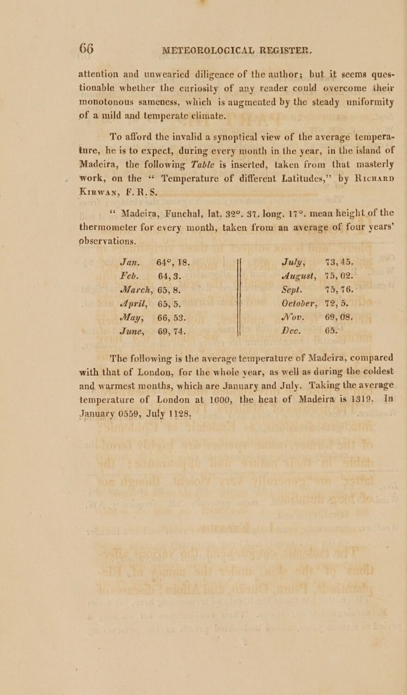 attention and unwearied diligence of the author; but it seems ques- tionable whether the curiosity of any reader could overcome their monotonous sameness, which is augmented by the steady uniformity of a mild and temperate climate. To afford the invalid a synoptical view of the average tempera- ture, he is to expect, during every month in the year, in the island of Madeira, the following Table is inserted, taken from that masterly work, on the ‘“* Temperature of different Latitudes,” by Ricnarp Kirwan, F.R.S. ‘‘ Madeira, Funchal, lat. 32°. 31. long. 17°. mean height of the thermometer for every month, taken from an average of four years’ observations. Jan. 64°, 18. July, %3, 45. Feb. 64, 3. August, (5, 02. March, 65, 8. Sept. 75, 16. April, 65, 5. October, 72, 5. May; 66, 53. Nov. 69, 08. June, 69, TA. Dee. Grr: The following is the average temperature of Madeira, compared with that of London, for the whole year, as well as during the coldest and warmest months, which are January and July. Taking the average temperature of London at 1000, the heat of Madeira is 1319, In January 0559, July 1128,
