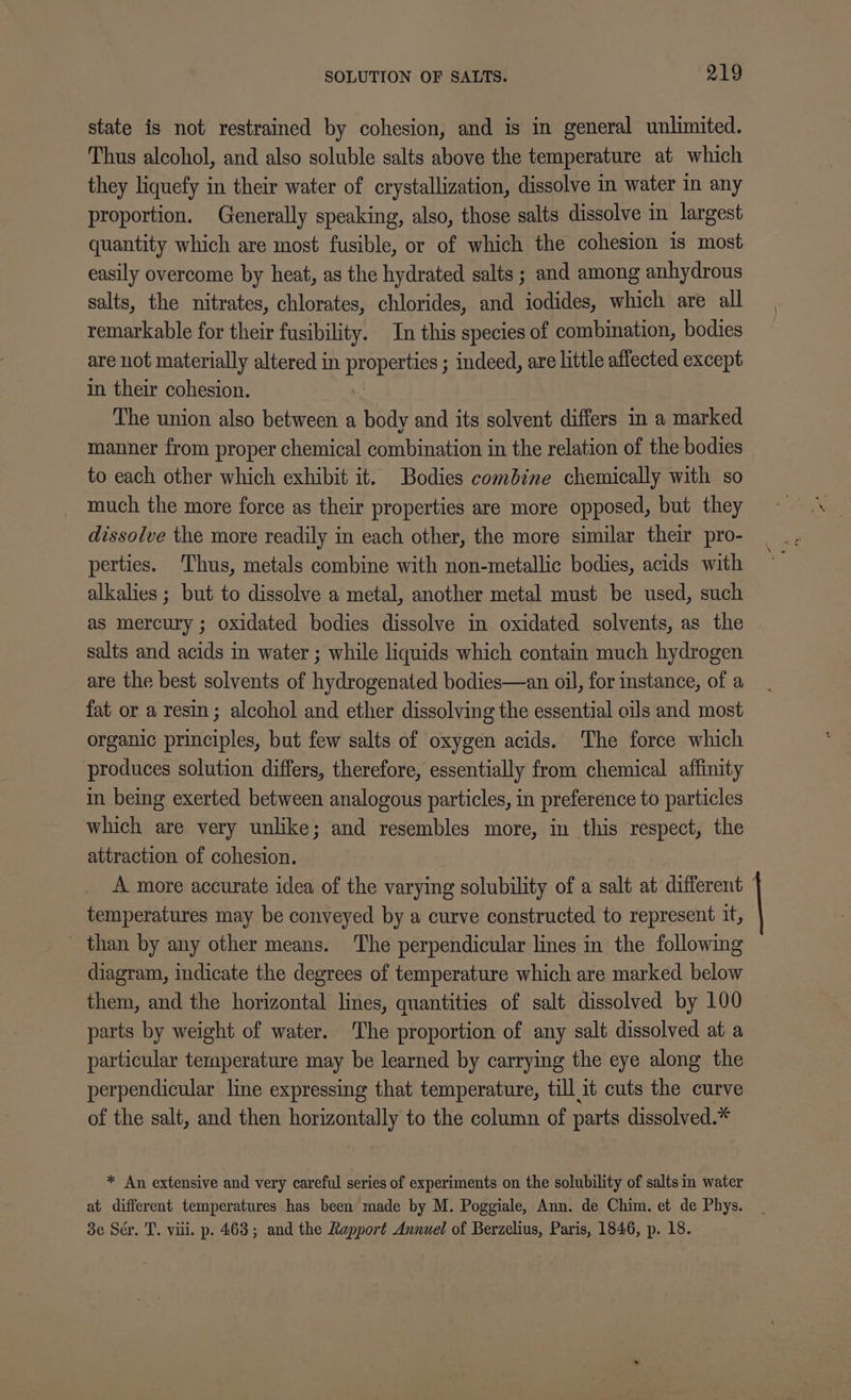 state is not restrained by cohesion, and is in general unlimited. Thus alcohol, and also soluble salts above the temperature at which they liquefy in their water of crystallization, dissolve in water in any proportion. Generally speaking, also, those salts dissolve in largest quantity which are most fusible, or of which the cohesion is most easily overcome by heat, as the hydrated salts ; and among anhydrous salts, the nitrates, chlorates, chlorides, and iodides, which are all remarkable for their fusibility. In this species of combination, bodies are not materially altered in properties ; indeed, are little affected except in their cohesion. The union also between a body and its solvent differs in a marked manner from proper chemical combination in the relation of the bodies to each other which exhibit it. Bodies combine chemically with so much the more force as their properties are more opposed, but they dissolve the more readily in each other, the more similar their pro- perties. Thus, metals combine with non-metallic bodies, acids with alkalies ; but to dissolve a metal, another metal must be used, such as mercury ; oxidated bodies dissolve in oxidated solvents, as the salts and acids in water ; while liquids which contain much hydrogen are the best solvents of hydrogenated bodies—an oil, for instance, of a fat or a resin; alcohol and ether dissolving the essential oils and most organic principles, but few salts of oxygen acids. The force which produces solution differs, therefore, essentially from chemical affinity in being exerted between analogous particles, in preference to particles which are very unlike; and resembles more, in this respect, the attraction of cohesion. A more accurate idea of the varying solubility of a salt at different temperatures may be conveyed by a curve constructed to represent it, than by any other means. The perpendicular lines in the following diagram, indicate the degrees of temperature which are marked below them, and the horizontal lines, quantities of salt dissolved by 100 parts by weight of water. The proportion of any salt dissolved at a particular teraperature may be learned by carrying the eye along the perpendicular line expressing that temperature, till it cuts the curve of the salt, and then horizontally to the column of parts dissolved.* * An extensive and very careful series of experiments on the solubility of salts in water at different temperatures has been made by M. Poggiale, Ann. de Chim. et de Phys. 3e Sér. T. viii. p. 463; and the Rapport Annuel of Berzelius, Paris, 1846, p. 18.