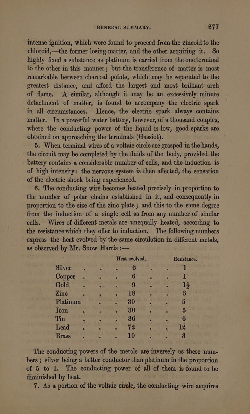 intense ignition, which were found to proceed from the zincoid to the chloroid,—the former losing matter, and the other acquiring it. So highly fixed a substance as platinum is carried from the one terminal to the other in this manner; but the transference of matter is most remarkable between charcoal points, which may be separated to the greatest distance, and afford the largest and most brilliant arch of flame. A similar, although it may be an excessively minute detachment of matter, is found to accompany the electric spark in all circumstances. Hence, the electric spark always contains matter. Ina powerful water battery, however, of a thousand couples, where the conducting power of the liquid is low, good sparks are obtained on approaching the terminals (Gassiot). 5. When terminal wires of a voltaic circle are grasped in the hands, the circuit may be completed by the fluids of the body, provided the battery contains a considerable number of cells, and the induction is of high intensity: the nervous system is then affected, the sensation of the electric shock being experienced. 6. The conducting wire becomes heated precisely in proportion to the number of polar chains established in it, and consequently in proportion to the size of the zinc plate ; and this to the same degree from the induction of a single cell as from any number of similar cells. Wires of different metals are unequally heated, according to the resistance which they offer to induction. The following numbers express the heat evolved by the same circnlation in different metals, as observed PY Mr. Snow Harris :— Heat evolved. Resistance. Silver . : : 6 : 1 Copper . : ; 6 1 Gold : : 9 14 Zines oe eee ele 8 Platnum li“ . 930 5 Tron . : . 30 : 5 Tin : : ee OG : 6 Lead. : ied : sguitschie = Brass. : . 10 ; 4 3 The conducting powers of the metals are inversely as these num- bers ; silver being a better conductor than platinum in the proportion of '5' to “1.” The es power of all of them is found to be diminished by heat.