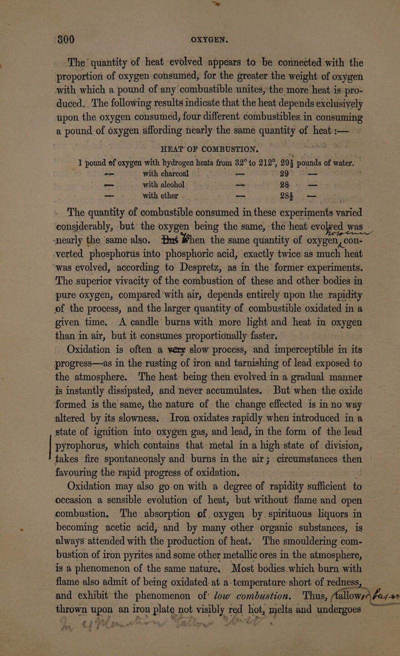 The quantity of heat evolved appears to be connected-with the proportion of oxygen consumed, for the greater the weight of oxygen with which a pound of any combustible unites, the more heat-is pro- duced. The following results indicate that the heat depends exclusively upon the oxygen consumed, four different combustibles.in consuming a pound of oxygen affording nearly the same quantity of heat :— 3 HEAT OF COMBUSTION. | pice A 1 pound ef oxygen with hydrogen heats from 82° to 212°, 293 pounds of water, -— with charcoal — 29° — _ with alcohol — . 28: — _—. with ether os POR, og The quantity of combustible consumed. in these experiments ‘varied considerably, but the oxygen being the same, the heat evolved was _ ‘nearly the ‘same also. mt When the same quantity of oxygen, con- -verted phosphorus into phosphoric acid, exactly twice as naellp heat ‘was evolved, according to Despretz, as in the former experiments. The superior vivacity of the combustion of these and other bodies in ‘pure oxygen, compared with air, depends entirely upon the rapidity of the process, and the larger quantity of combustible oxidated in a given time. A candle burns with more light and heat in oxygen than in air, but it consumes proportionally faster. Oxidation is often a very slow process, and imperceptible in its progress—as in the rusting of iron and tarnishing of lead exposed to the atmosphere. The heat being then evolved in a gradual manner is instantly dissipated, and never accumulates. But when the oxide formed is the same, the nature of the change effected is in no way altered by its slowness. Iron oxidates rapidly when introduced in a state of ignition into oxygen gas, and lead, in the form of the lead pyrophorus, which contains that metal ima high state of division, takes fire spontaneously and burns in the air ; circumstances then | favouring the rapid progress of oxidation. Oxidation may also go on with a degree of rapidity sufficient to occasion a sensible evolution of heat, but without flame and open combustion, The absorption of. oxygen by spirituous liquors in becoming acetic acid, and by many other organic substances, is always attended with the production of heat. The smouldering com- bustion of iron pyrites and some other metallic ores in the atmosphere, is a phenomenon of the same nature. Most bodies. which burn with flame also admit of being oxidated. at a-temperature short of redness and exhibit the phenomenon of low combustion. Thus, Aallows has» set 2 upon an iron pale, not ae red ae melts and undergoes %
