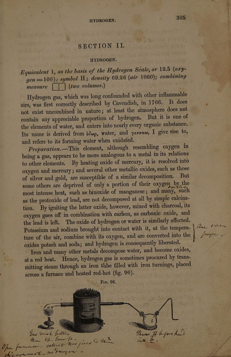 : by , x} ‘, g SECTION IL Equivalent 1, as the basis of the Hydrogen Scale, or 12.5 (oxy- gen =100); symbol HW; density 69.26 (air 1000); combining measure | | | (to volumes.) . Hydrogen gas, which was long confounded with other inflammable airs, was first correctly described by Cavendish, in 1766. It does not exist uncombined in nature; at least the atmosphere does not contain any appreciable proportion of hydrogen. But it is one of the elements of water, and enters into nearly every organic substance. Its name is derived from tdwe, water, and yevvaw, I give rise to, and refers to its forming water when oxidated. Preparation.—This element, although resembling oxygen in being a gas, appears to be more analogous to a metal in its relations to other elements. By heating oxide of mercury, it is resolved into oxygen and mercury ; and several other metallic oxides, such as those of silver and gold, are susceptible of a similar decomposition. But some others are deprived of only a portion of their oxygen by the : Pa eS Aucead most intense heat, such as binoxide of manganese ; and many, suc as the protoxide of lead, are not decomposed. at all by simple calcina- tion. By igniting the latter oxide, however, mixed with charcoal, its oxygen goes off in combination with carbon, as carbonic oxide, and the lead is left. The oxide of hydrogen or water is similarly affected. Potassium and sodium brought into contact with it, at the tempera- ture of the air, combine with its oxygen, and are converted into the oxides potash and soda; and hydrogen is consequently liberated. Tron and many other metals decompose water, and become oxides, ata red heat. Hence, hydrogen gas is sometimes procured by trans- mitting steam through an iron tube filled with iron turnings, placed across a furnace and heated red-hot (fig. 96). | ey Fie. 96. panty iw i uy et 5 ae ee a ae t Te Aes ar peat ncn LTRS