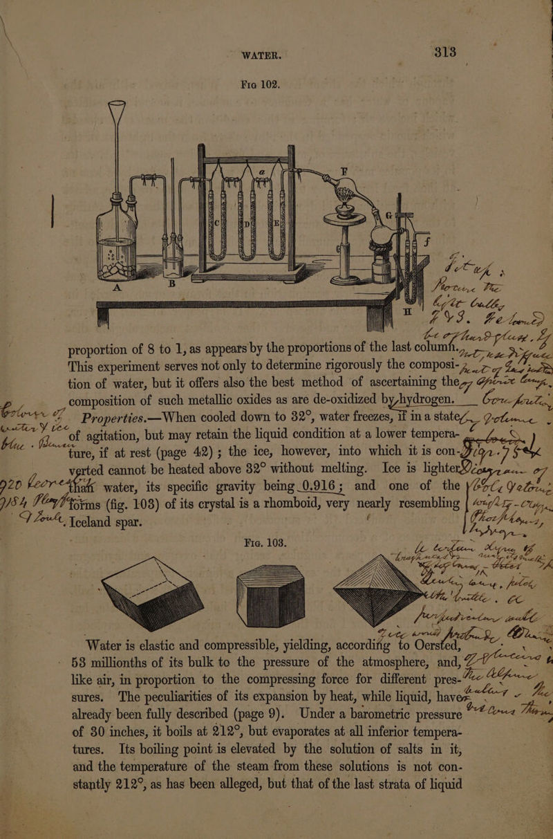 ) UATE TANCK i) ON C2 bul Ro” AVS. Behe. ; s Le poeoN 4 proportion of 8 to 1, as appears by the proportions of the last columh., -_” 5, ° . . ele This experiment serves not only to determine rigorously the compost- 2 a og ine eS tion of water, but it offers also the best method of ascertaining thes, He--+ Cuneze Evi, composition of such metallic oxides as are de-oxidized byyhydrogen. _ Ga ; Bee 7 Properties. —When cooled down to 32°, water freezes, if ma stateZ—_ pe See intr Y vee Pe , eT: aft 3 - eC of agitation, but may retain the liquid condition at a lower tempera- ° ba = ture, if at rest (page 42); the ice, however, into which it is con-Yv92. verted cannot be heated above 82° without melting. Ice is lighterWecey, 2. 7 Leor-esg 720 fit water, its specific gravity bemg_0.916; and one of the W6oC Ve&amp;u.z p54 Ply fens (fig. 108) of its crystal is a rhomboid, very nearly resembling hy ti ““C. Toeland spar. 7 é i | Fie. 1038. le Lt a Fu, o£ D&gt; We Water is elastic and compressible, yielding, accordifig Oot ene ae - 58 millionths of its bulk to the pressure of the atmosphere, and 20 ood b like air, in proportion to the compressing force for different pres- fone sures. The peculiarities of its expansion by heat, while liquid, haven “7 ~ Tac already been fully described (page 9). Under a barometric pressure “*“~&lt; harm. of 80 inches, it boils at 212°, but evaporates at all inferior tempera-. oe: tures. Its boiling point is elevated by the solution of salts in it, and the temperature of the steam from these solutions is not con- stantly 212°, as has been alleged, but that of the last strata of liquid